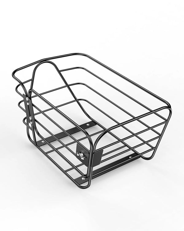 Black metal removable front cargo basket for C1Plus escooter, sturdy wire construction, designed for outdoor use