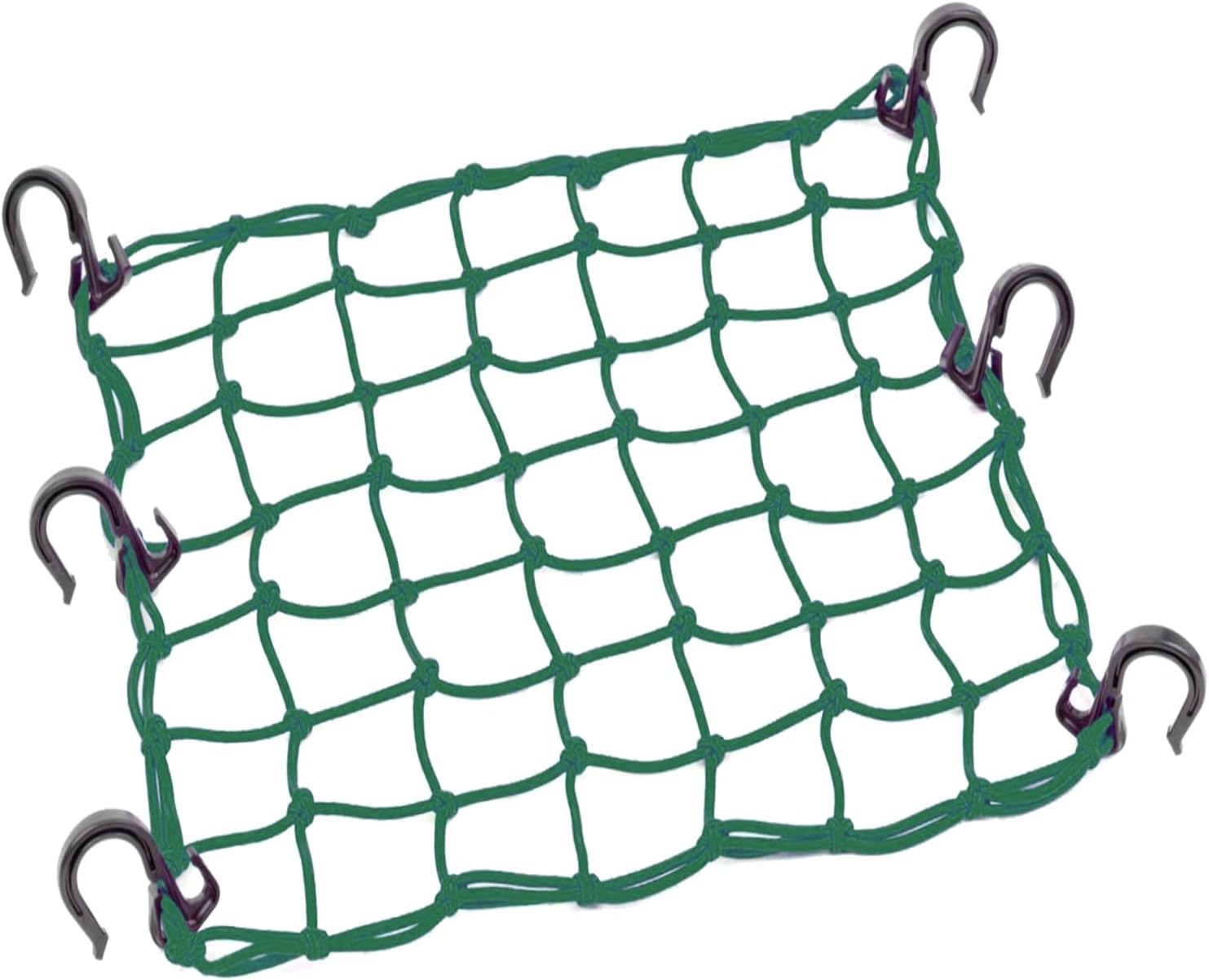Green cargo net with metal hooks on a white background