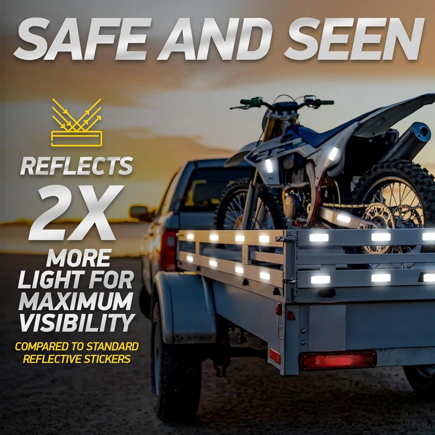 Reflective safety tape stickers on a vehicle's trailer, enhancing visibility with bright white LED strips for maximum safety during night riding