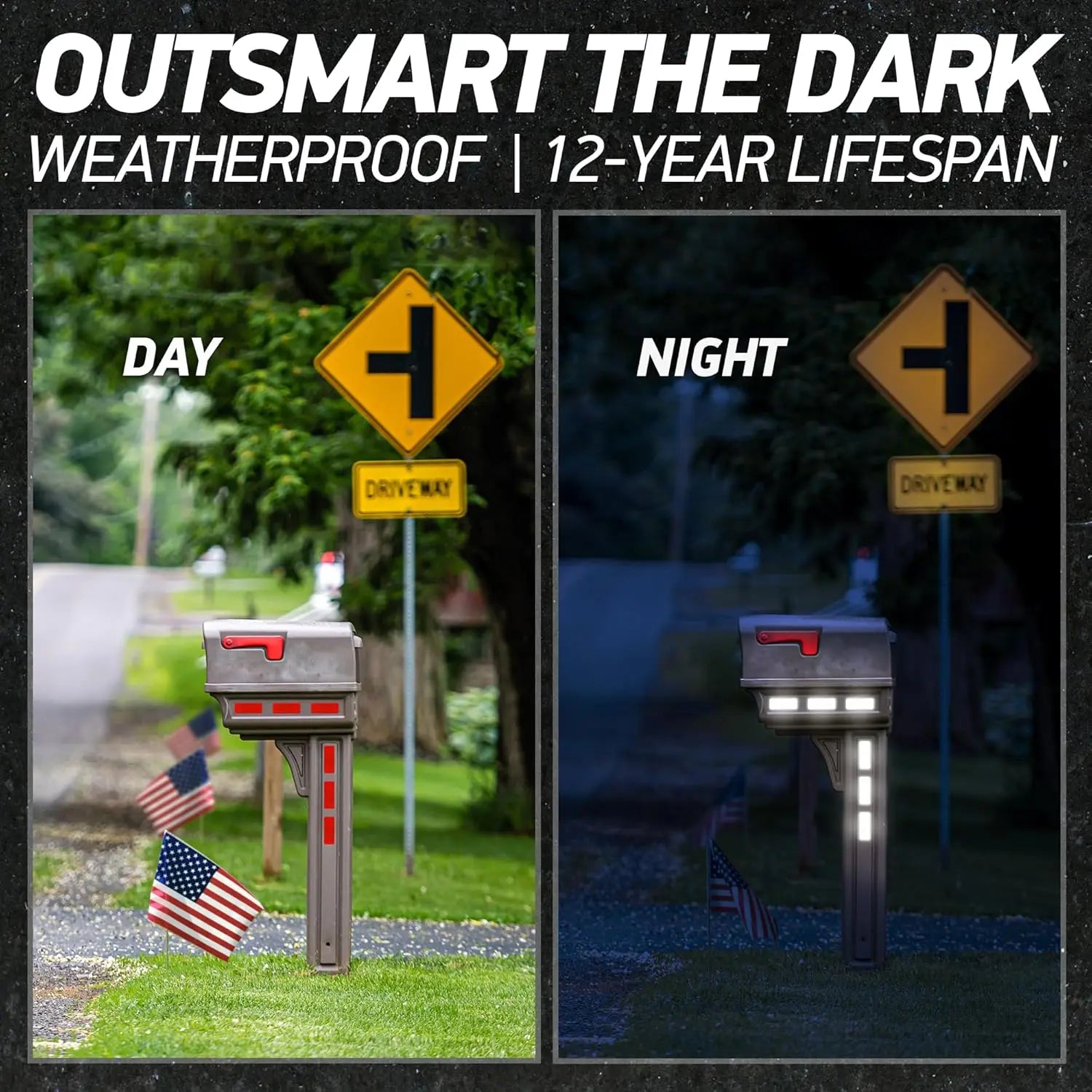 Daytime view of a mailbox with reflective safety tape stickers on the post and a street sign in the background, surrounded by American flags