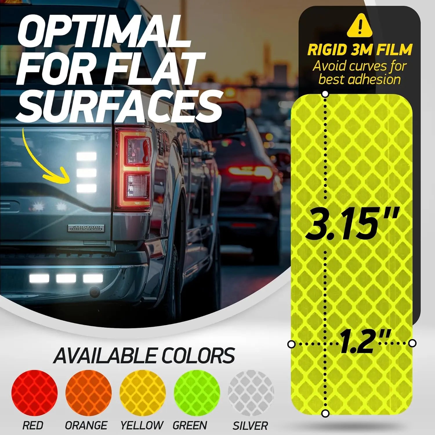 Bright yellow reflective safety tape sticker with diamond-grade reflective material, measuring 3.15 inches by 1.2 inches, designed for vehicle surfaces