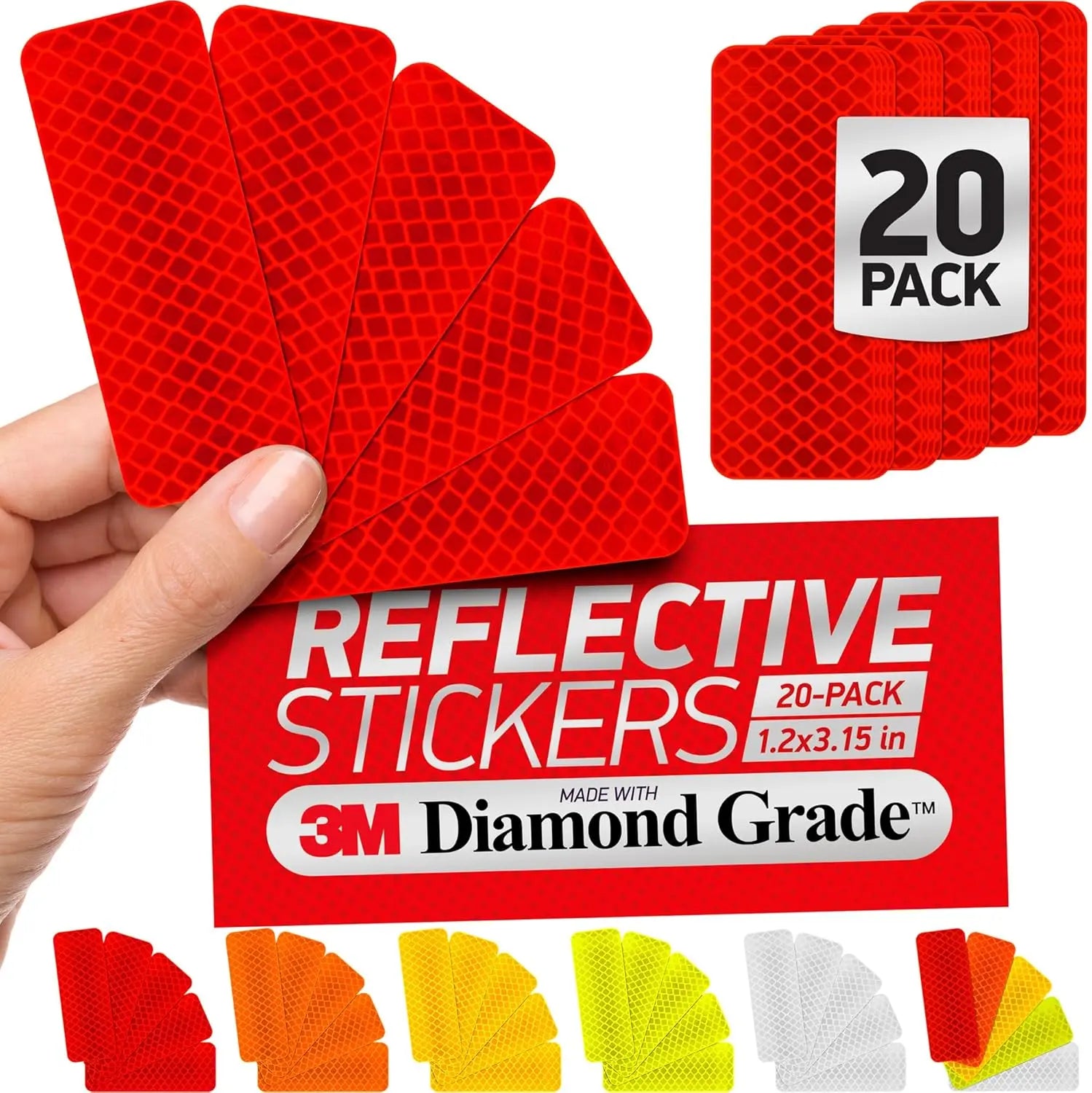 Set of 20 red reflective safety tape stickers with diamond-grade material, measuring 1.2 x 3.15 inches, for vehicle visibility enhancement