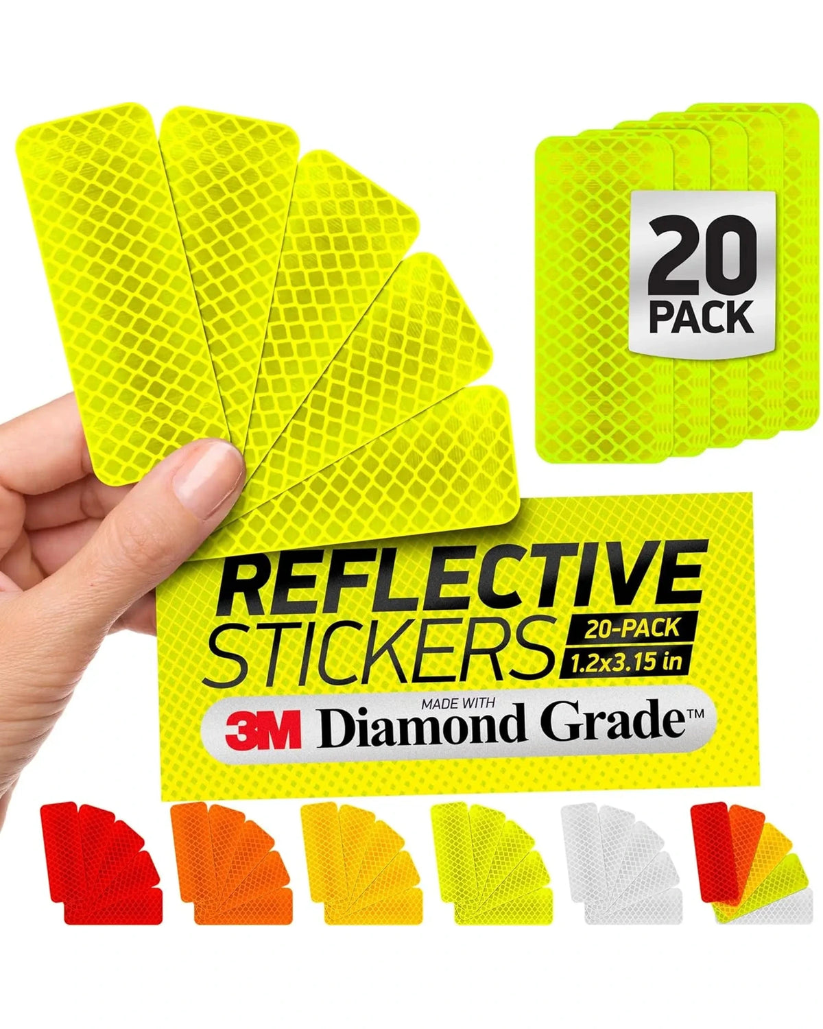 Bright yellow reflective safety tape stickers with diamond-grade material, 1.2 x 3.15 inches, for vehicle visibility, 20-pack