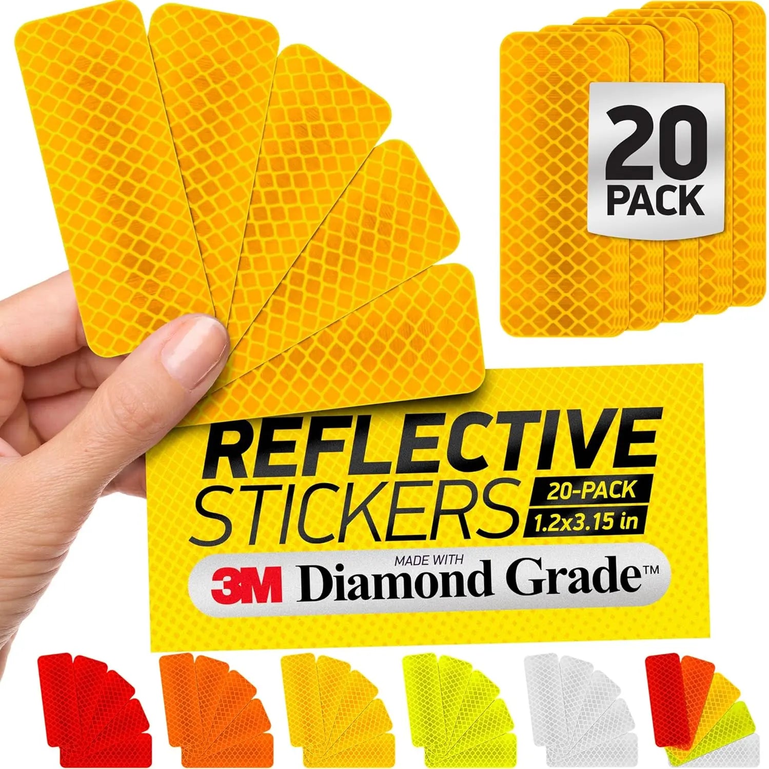 Set of 20 high-visibility reflective safety tape stickers in yellow with diamond-grade reflective material, measuring 1.2 x 3.15 inches for vehicle safety.