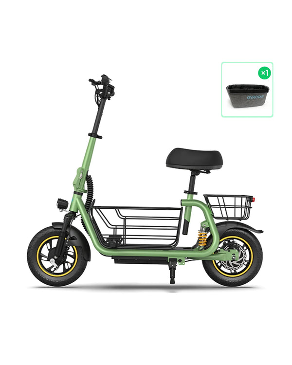 Electric scooter C1pro with a black seat, green frame, black basket at the front, yellow accents on wheels, and dual shock absorption for outdoor riding