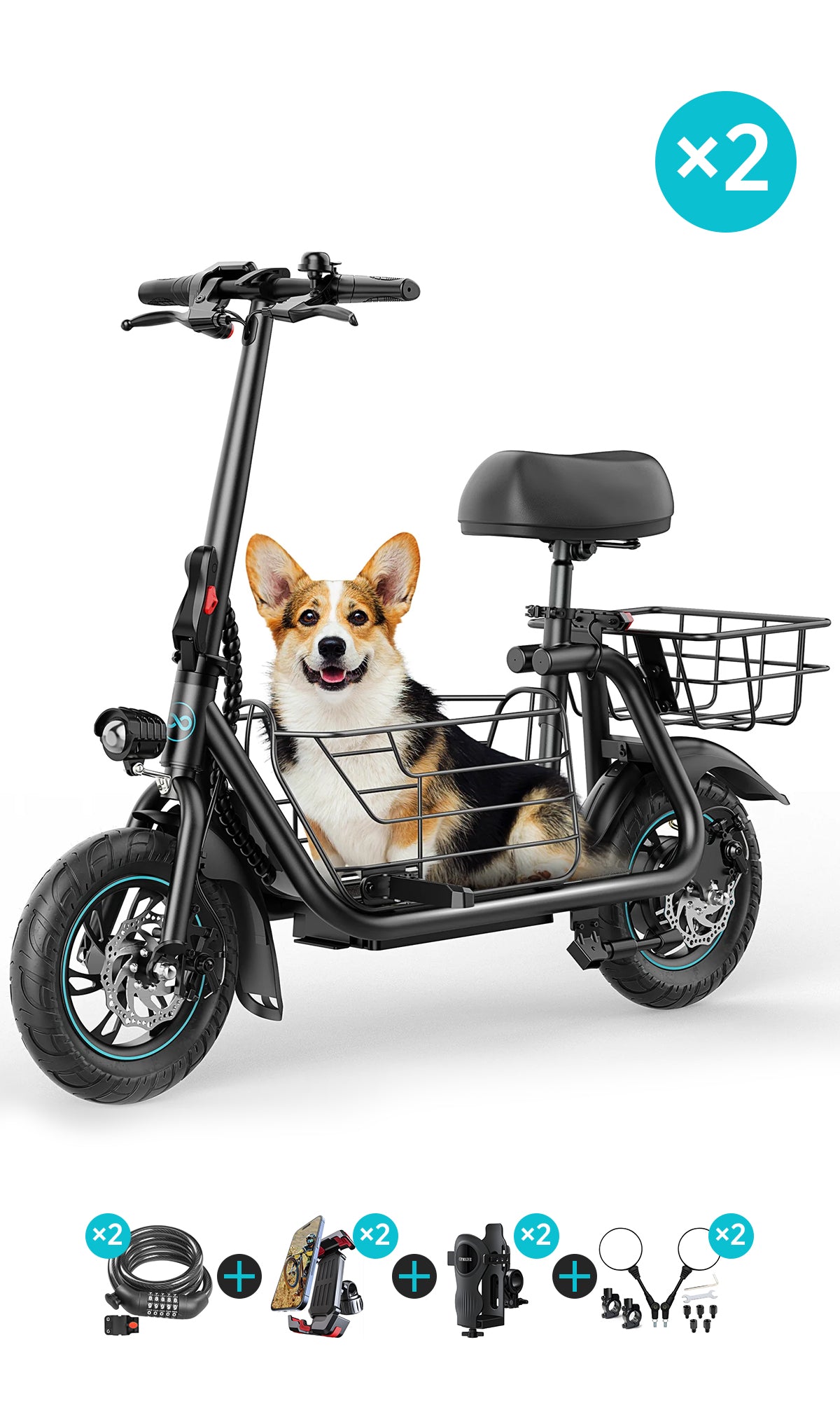 Gyroor C1S Electric Scooter 800W – Front & Rear Baskets