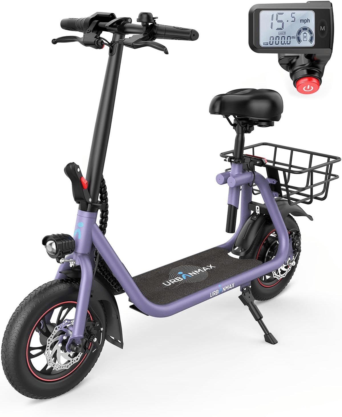 seated purple electric scooter 550W with 12 inch pneumatic tires