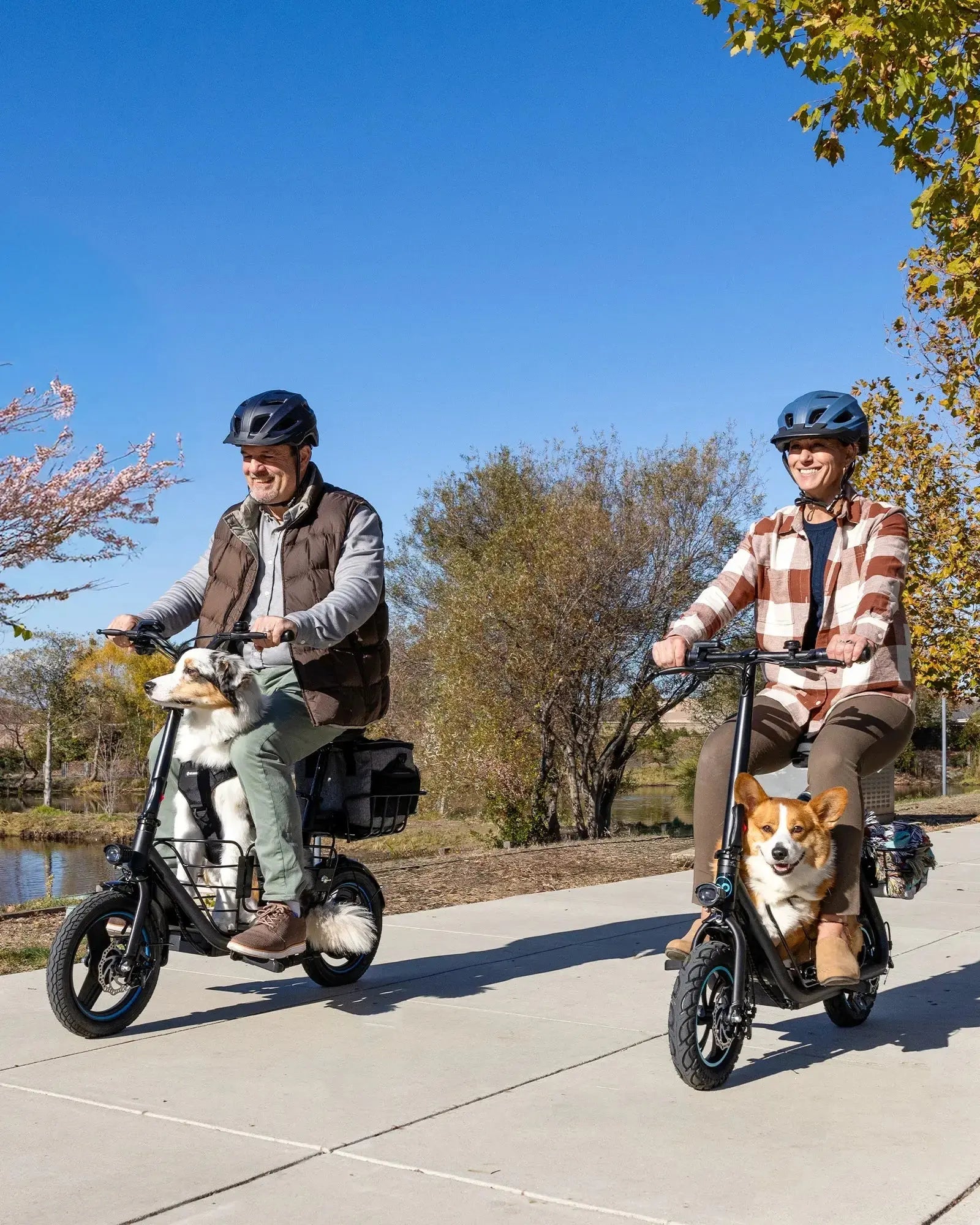 Adult riding the Gyroor C1Plus Pro pet-friendly electric scooter with front basket