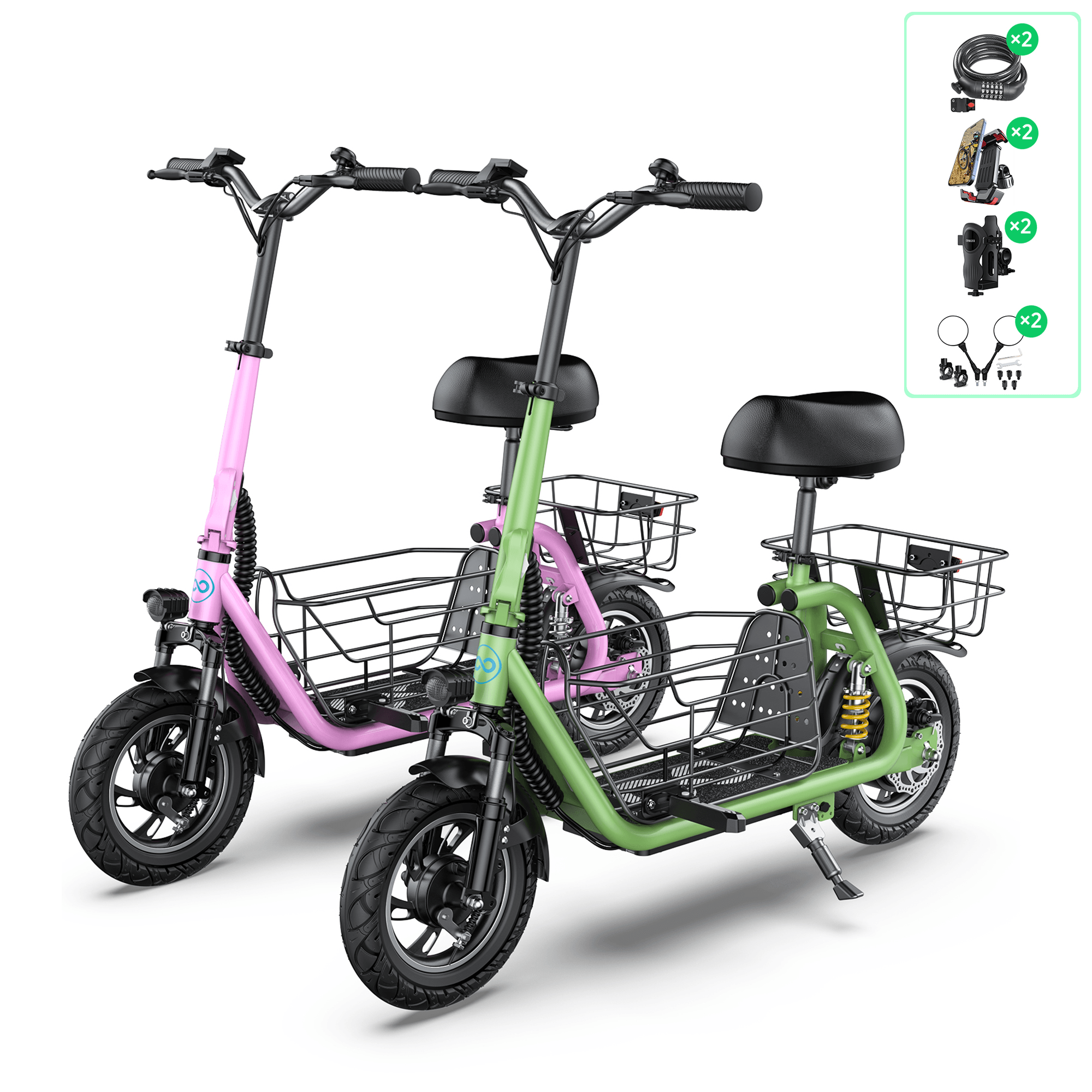 pink and green electric scooters accessories free gift two phone holders scooter locks cup holders and mirrors