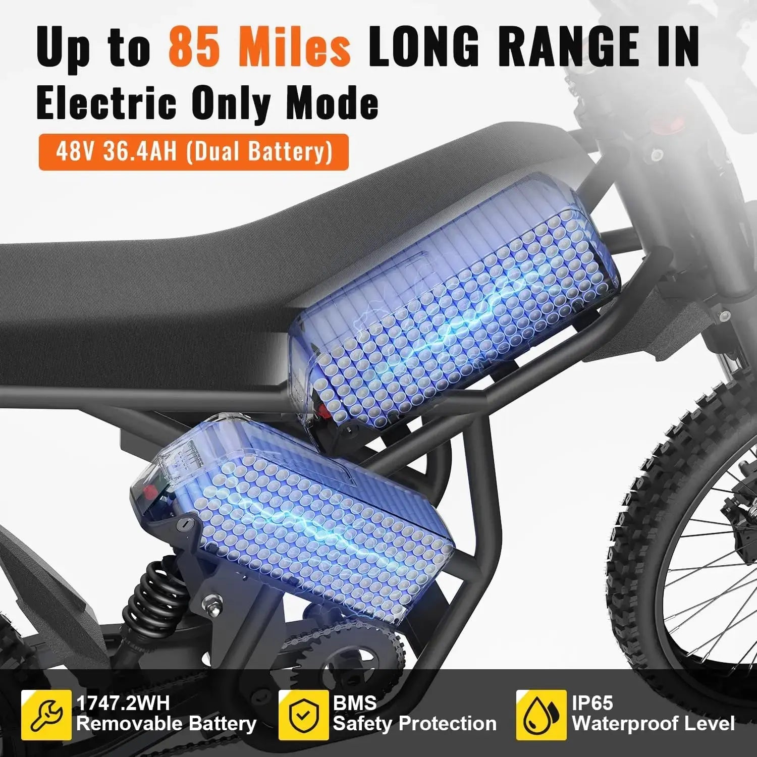 Gyroor GT73 electric dirt bike 85-mile long-range battery graphic