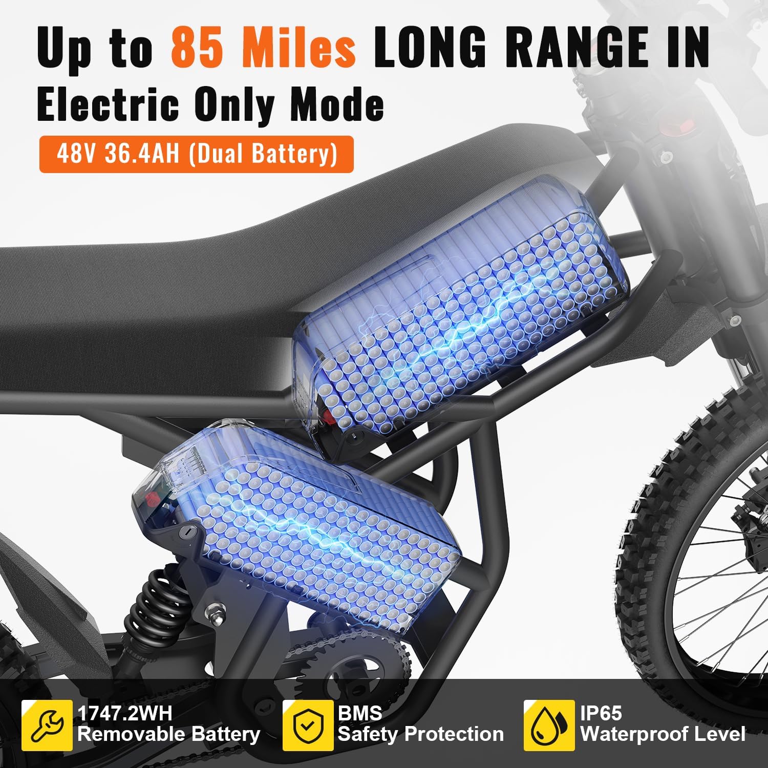 Gyroor GT73 electric dirt bike 85-mile long-range battery graphic