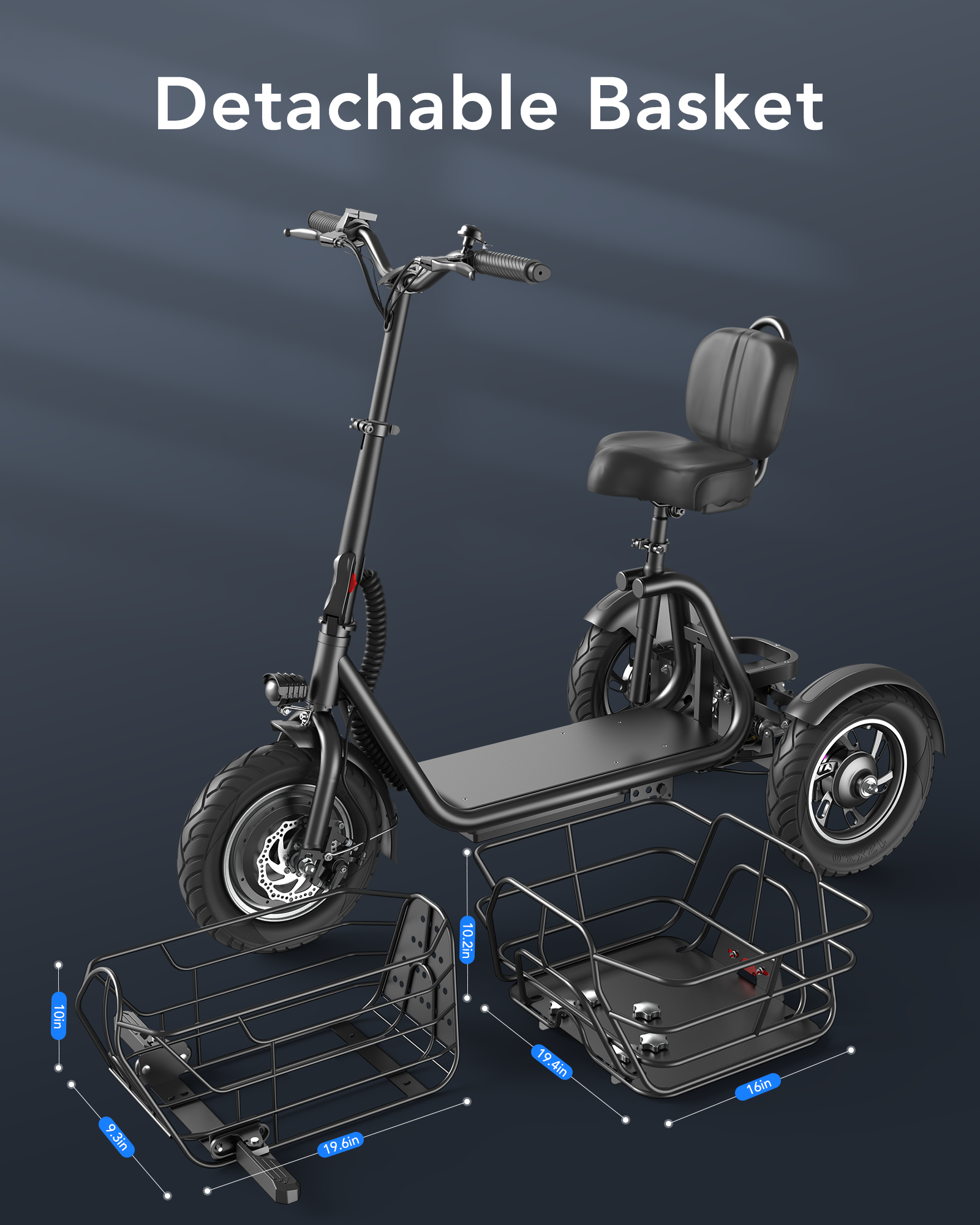 Gyroor C5 Electric Trike with Removable Dual Baskets,1000W(Peak) & 30Miles