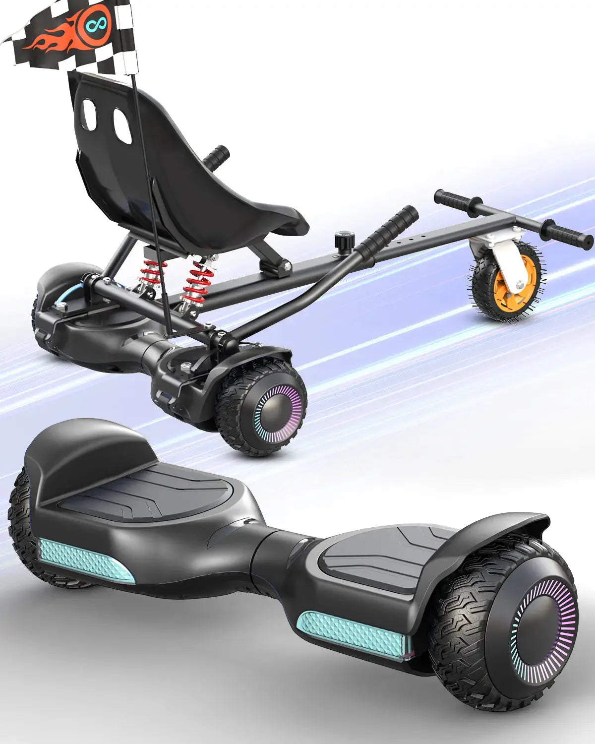 Gyroor G13 hoverboard in black with K2 go-kart seat attachment