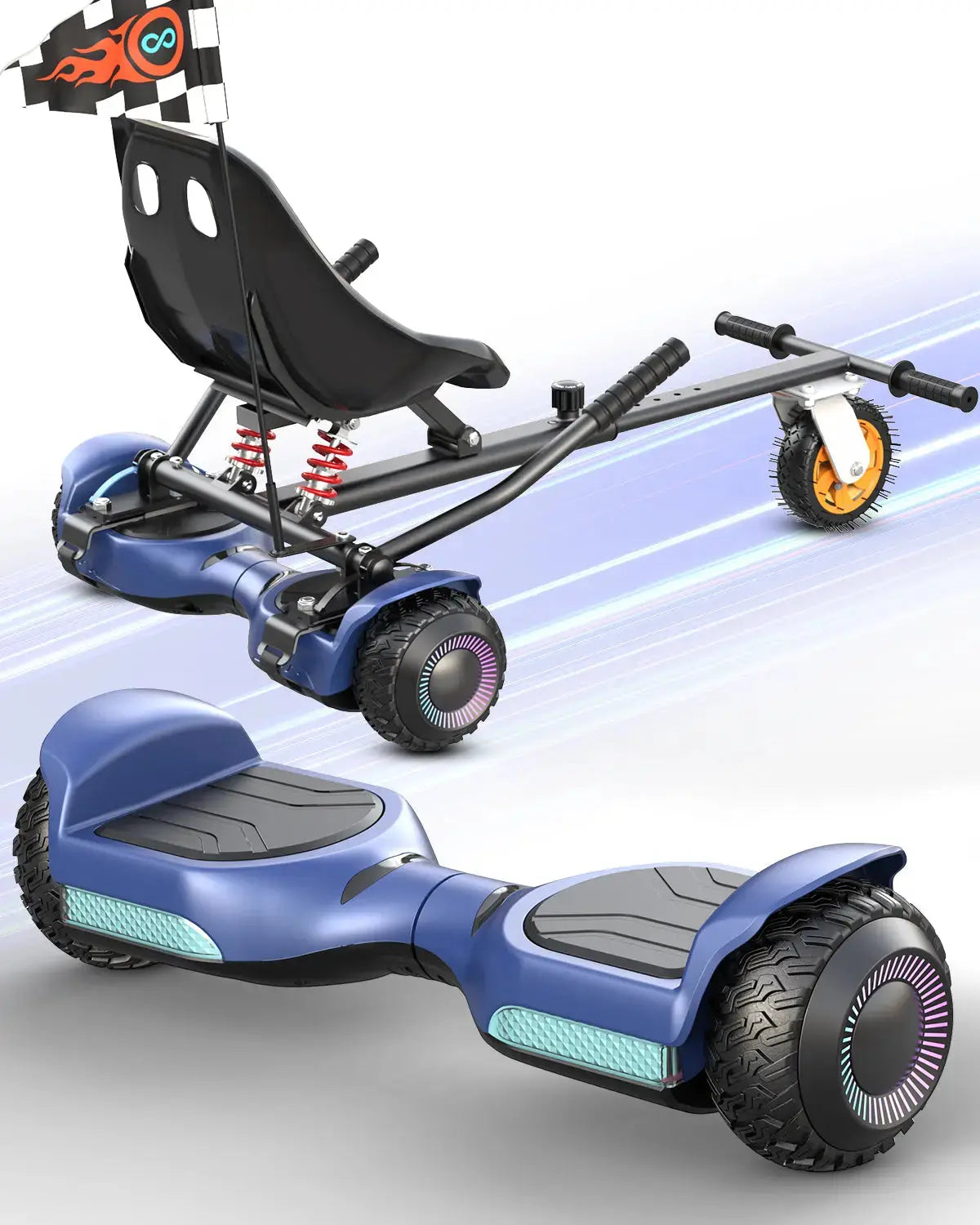 Gyroor G13 hoverboard in blue with K2 go-kart seat attachment