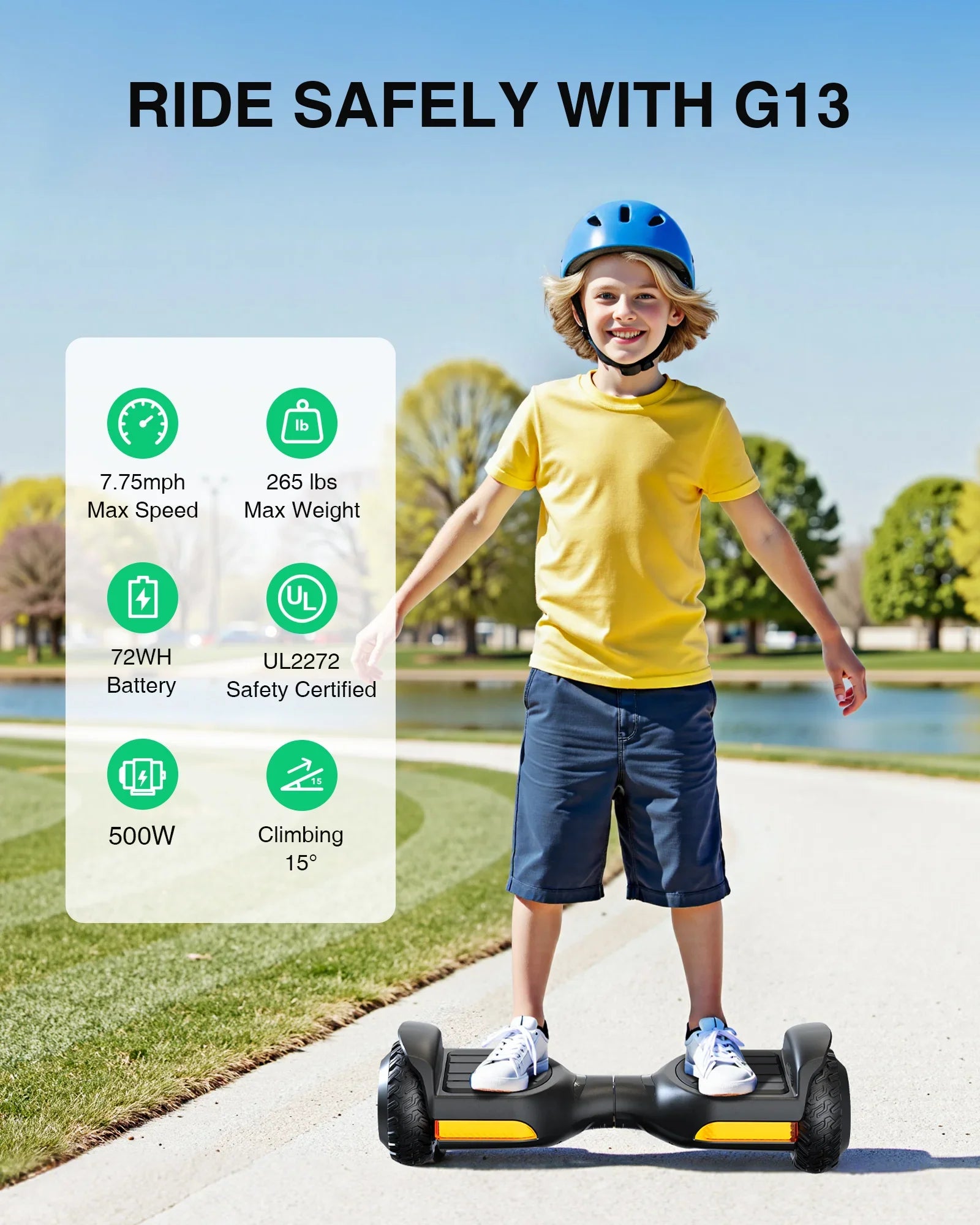 Gyroor G13 hoverboard with a 500W motor, 72Wh battery, UL2272 safety certification