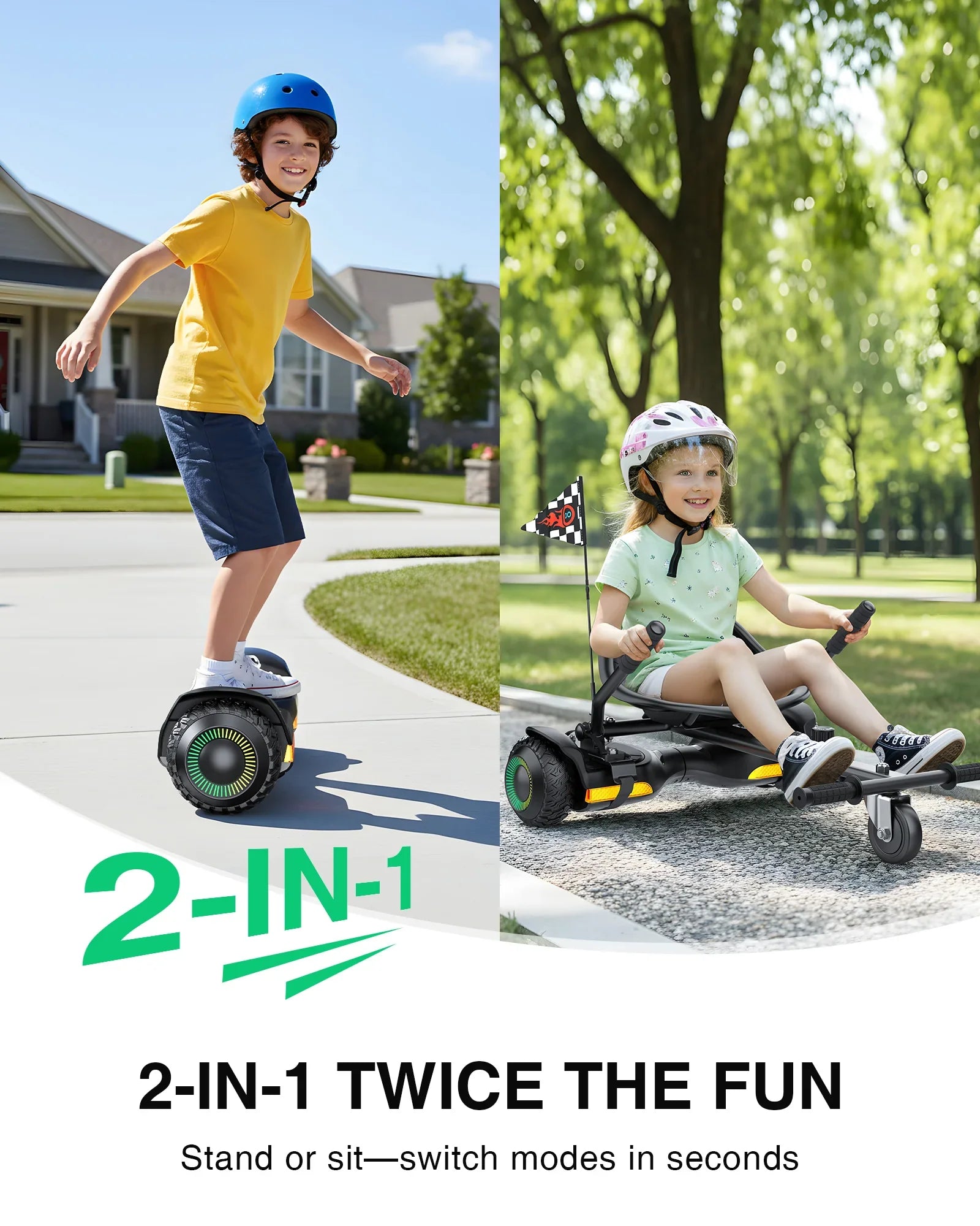 Gyroor G13 self-balancing scooter with K1 go-kart attachment featuring 2-in-1 stand and sit riding modes