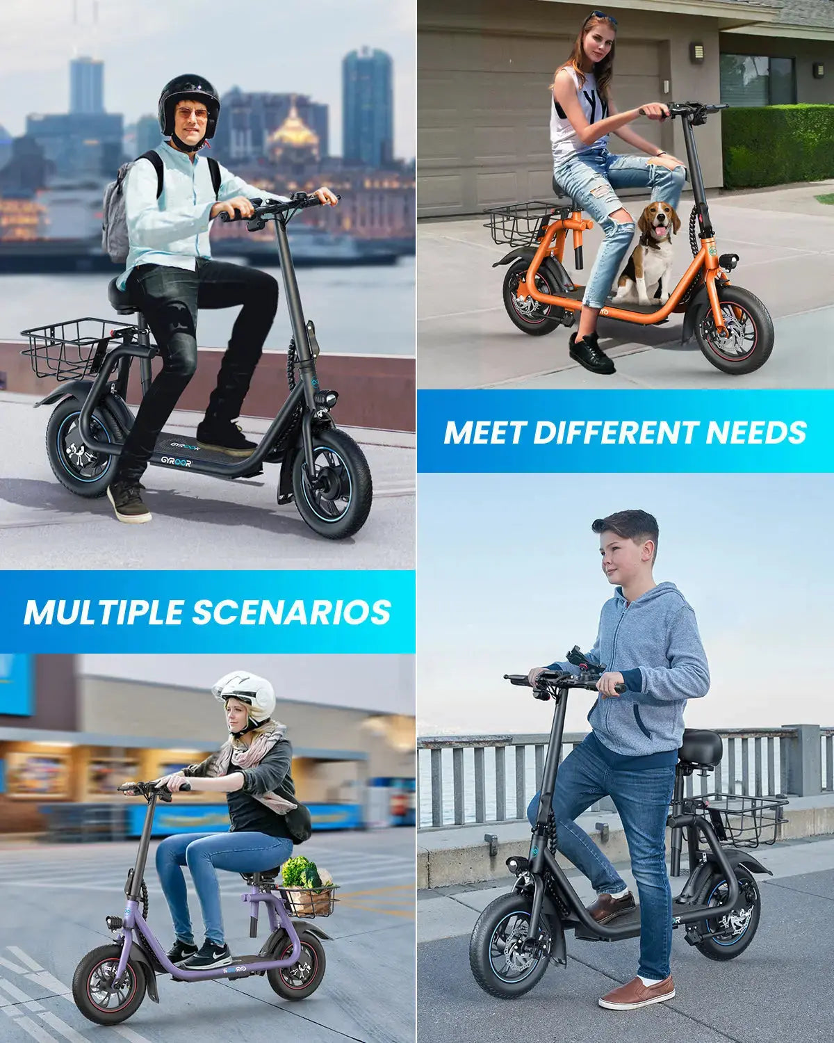 adult riding electric scooter with seat on city street