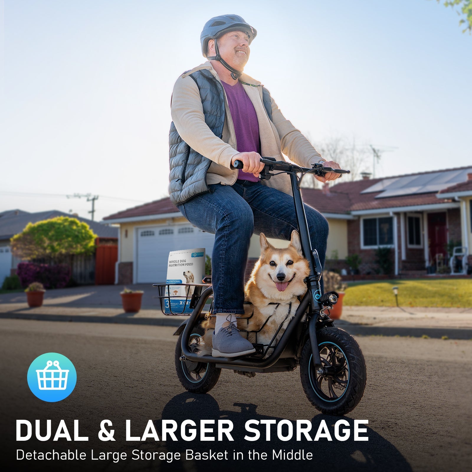 electric scooter dual storage system with detachable basket for cargo and pets