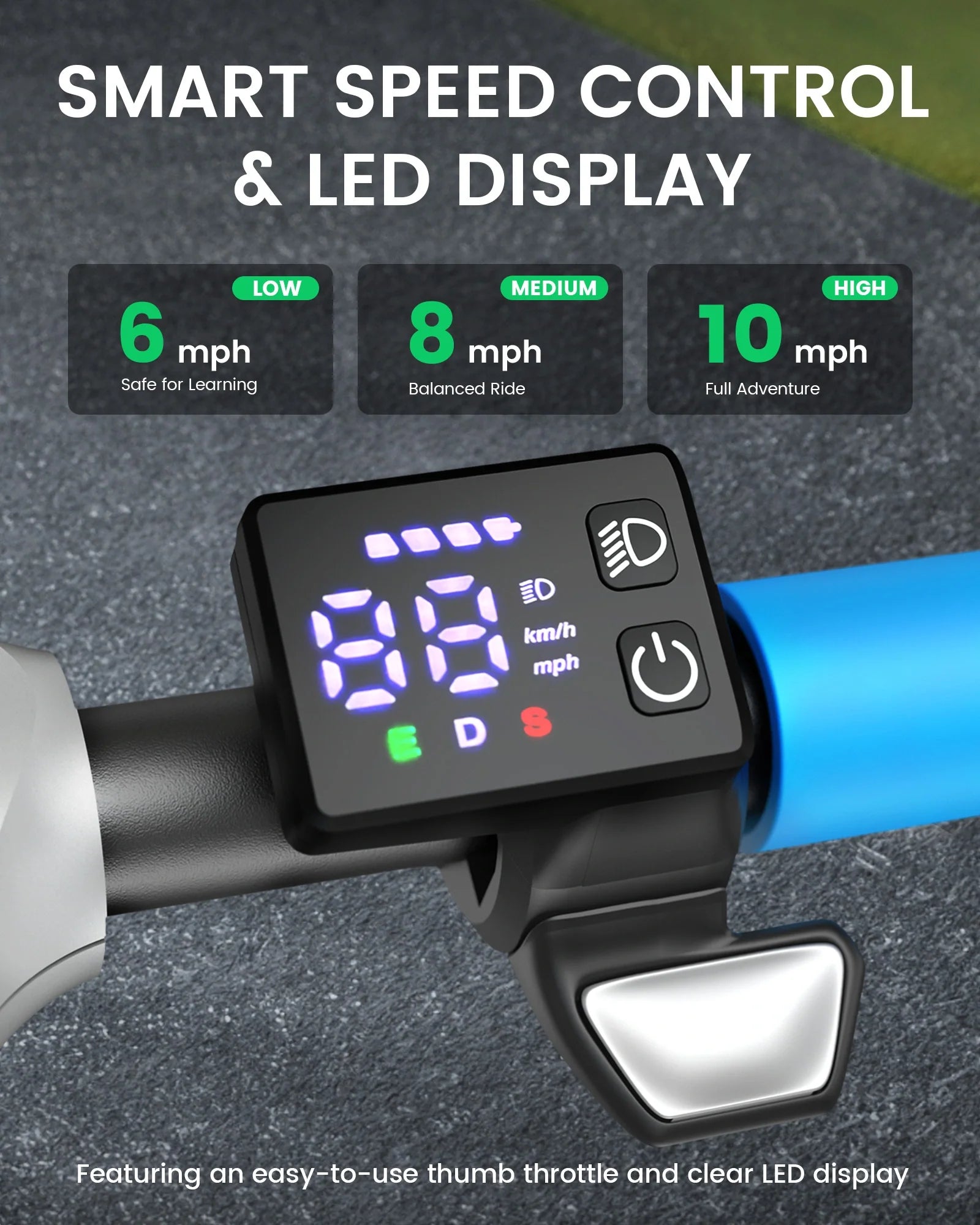 Gyroor H40 kids electric scooter with LED display showing speed and battery
