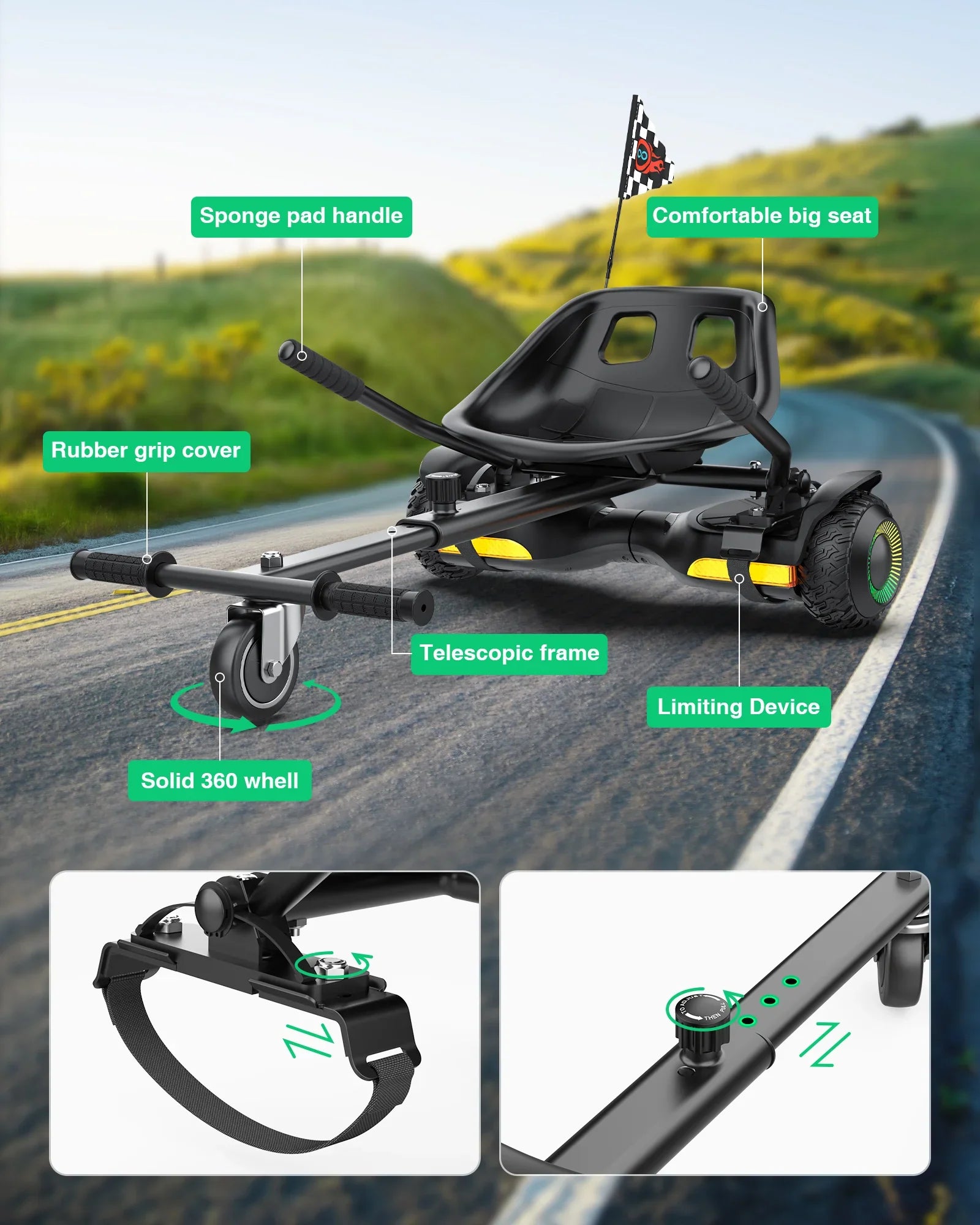 Gyroor K1 hoverboard go-kart attachment with an adjustable frame, ergonomic seat