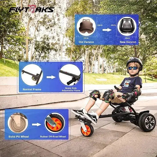 Child riding a hoverboard with the Gyroor K2 go-kart attachment