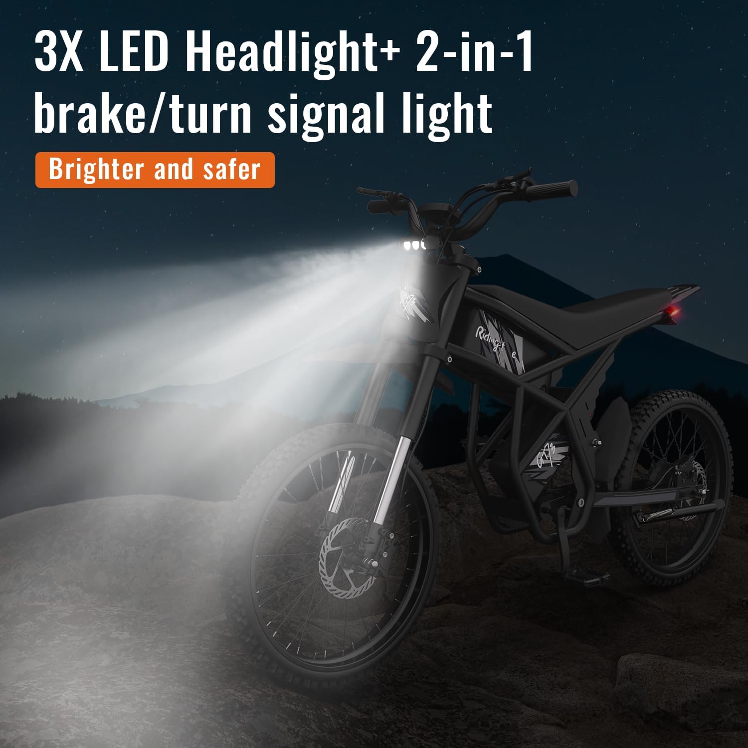 Gyroor GT73 electric dirt bike LED headlight riding at dusk