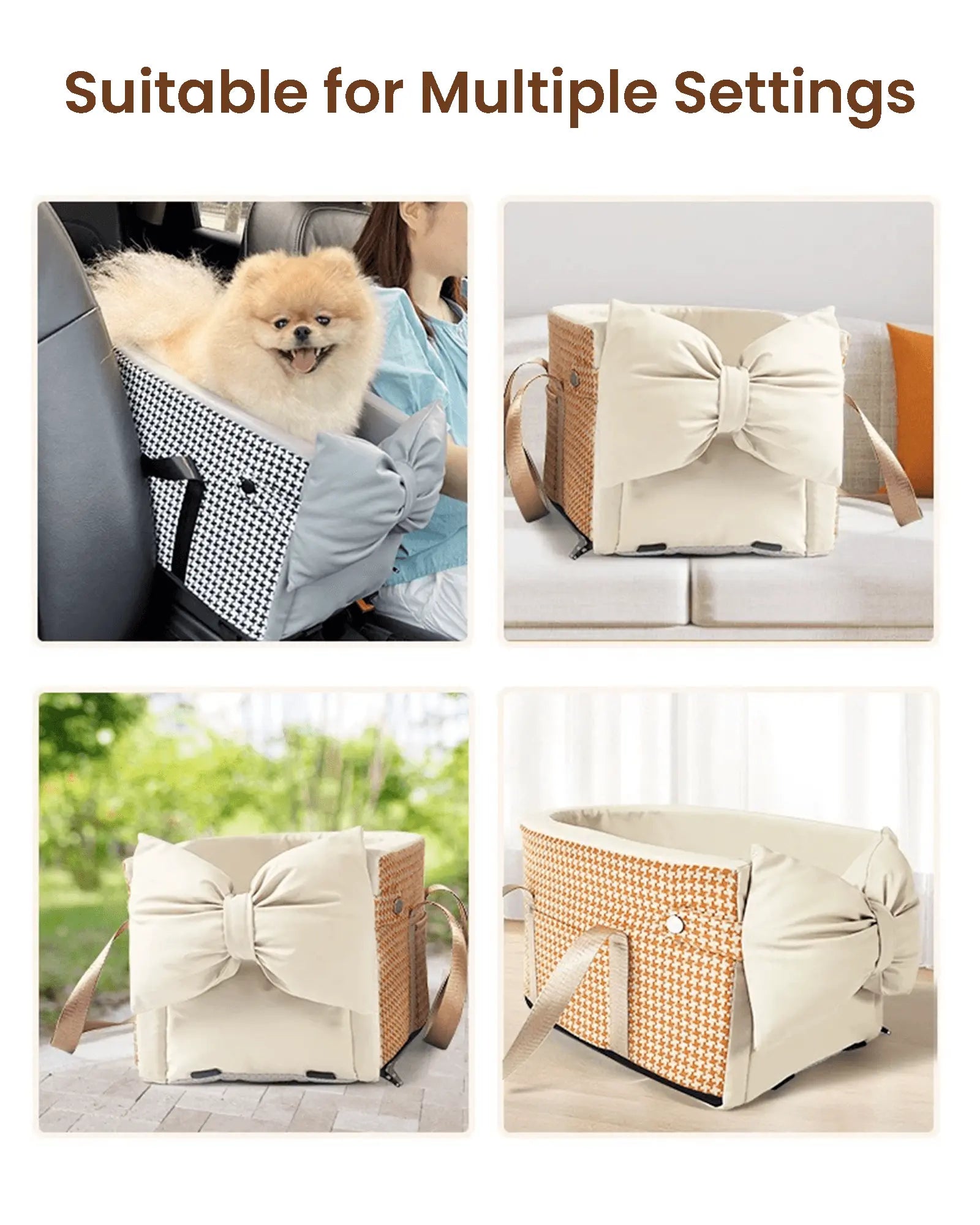 Padded pet carrier insert with bow design in beige fabric, suitable for small pets, placed on a sofa for comfortable travel
