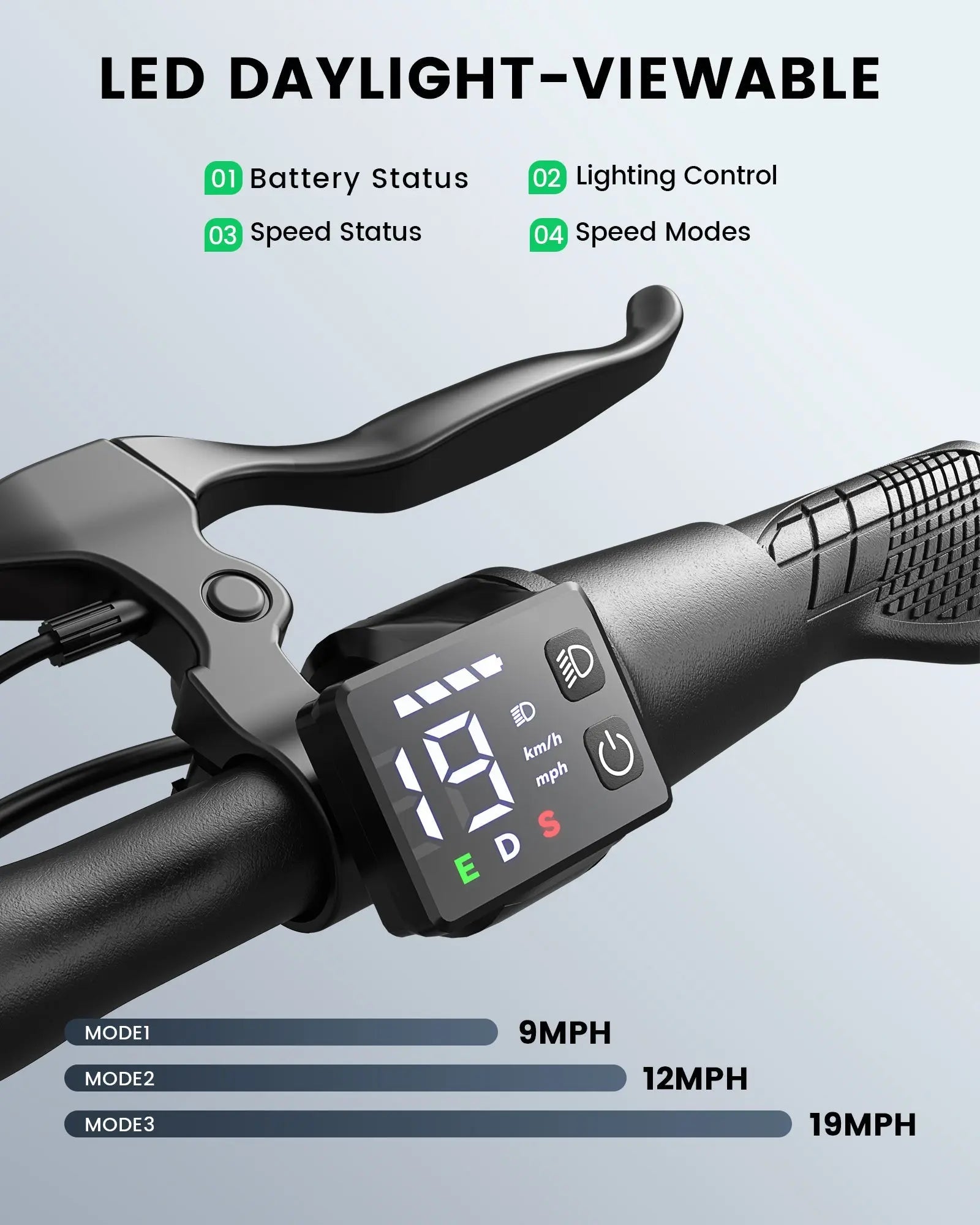 Gyroor C3 electric bike LED display showing speed and battery level