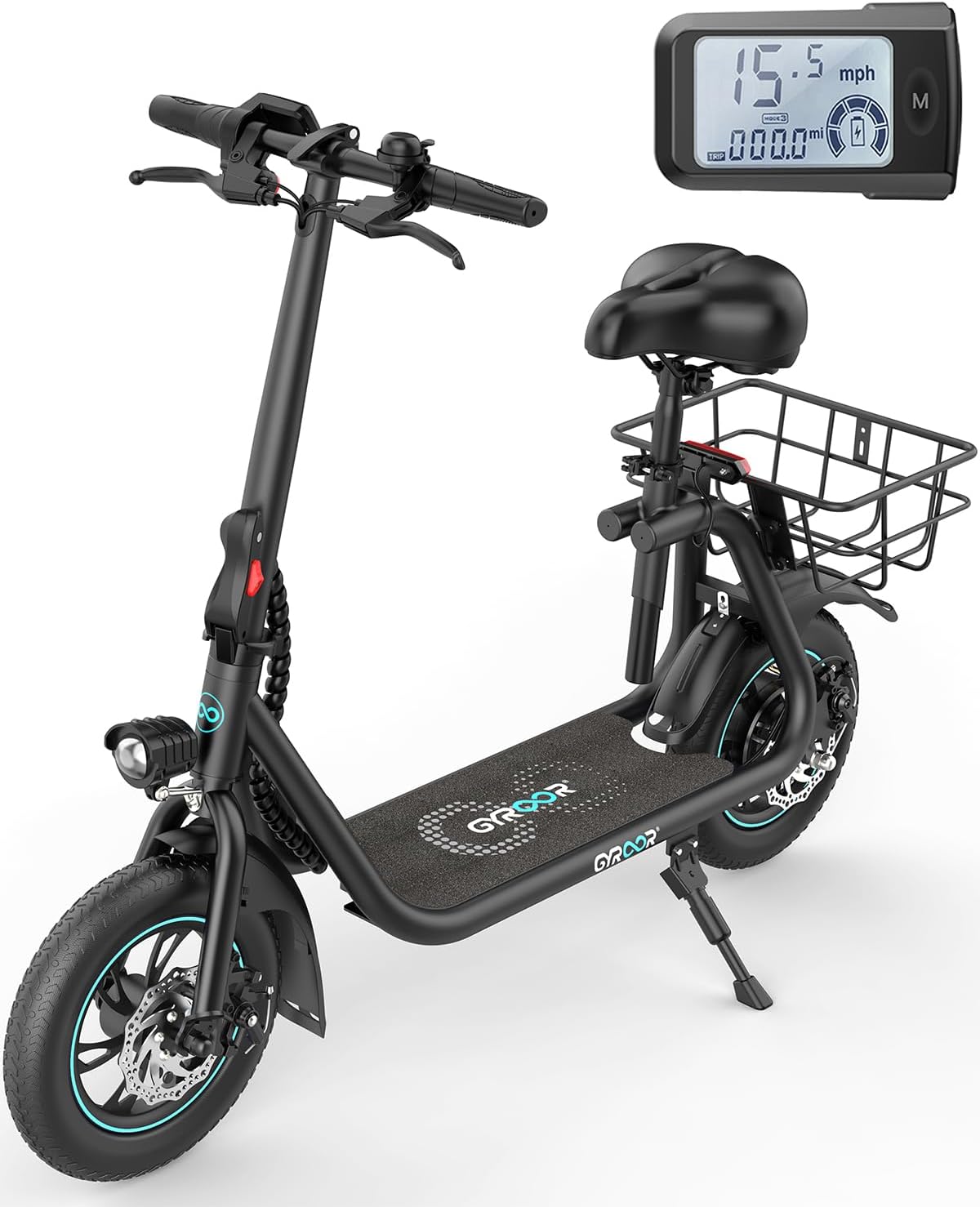 Gyroor C1 black seated electric scooter with 12-inch pneumatic tires