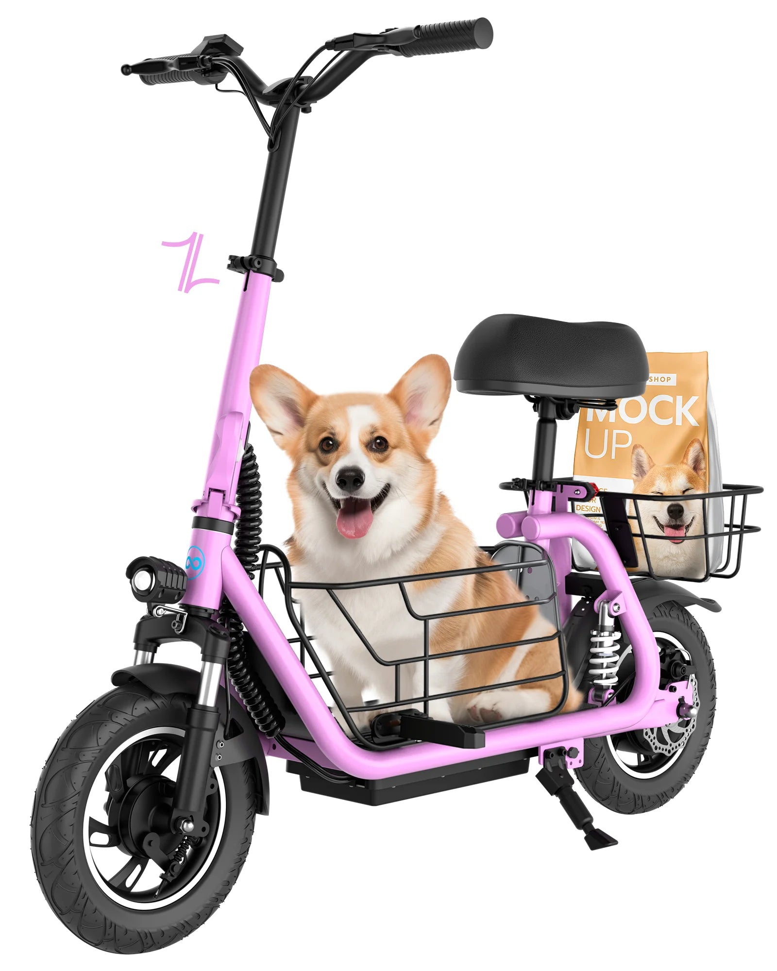 seated pink electric scooter with dual detachable baskets for pets and cargo transport daily use