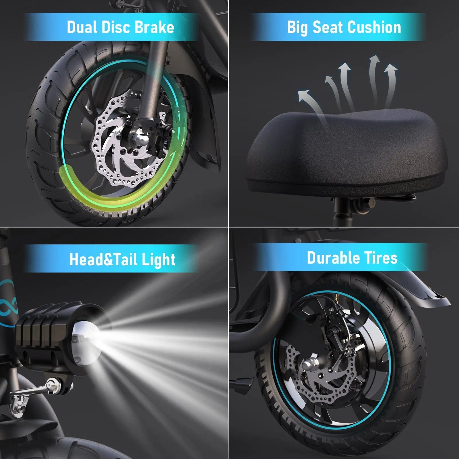 electric scooter dual disc brakes durable tires big seat cushion and front rear lights system