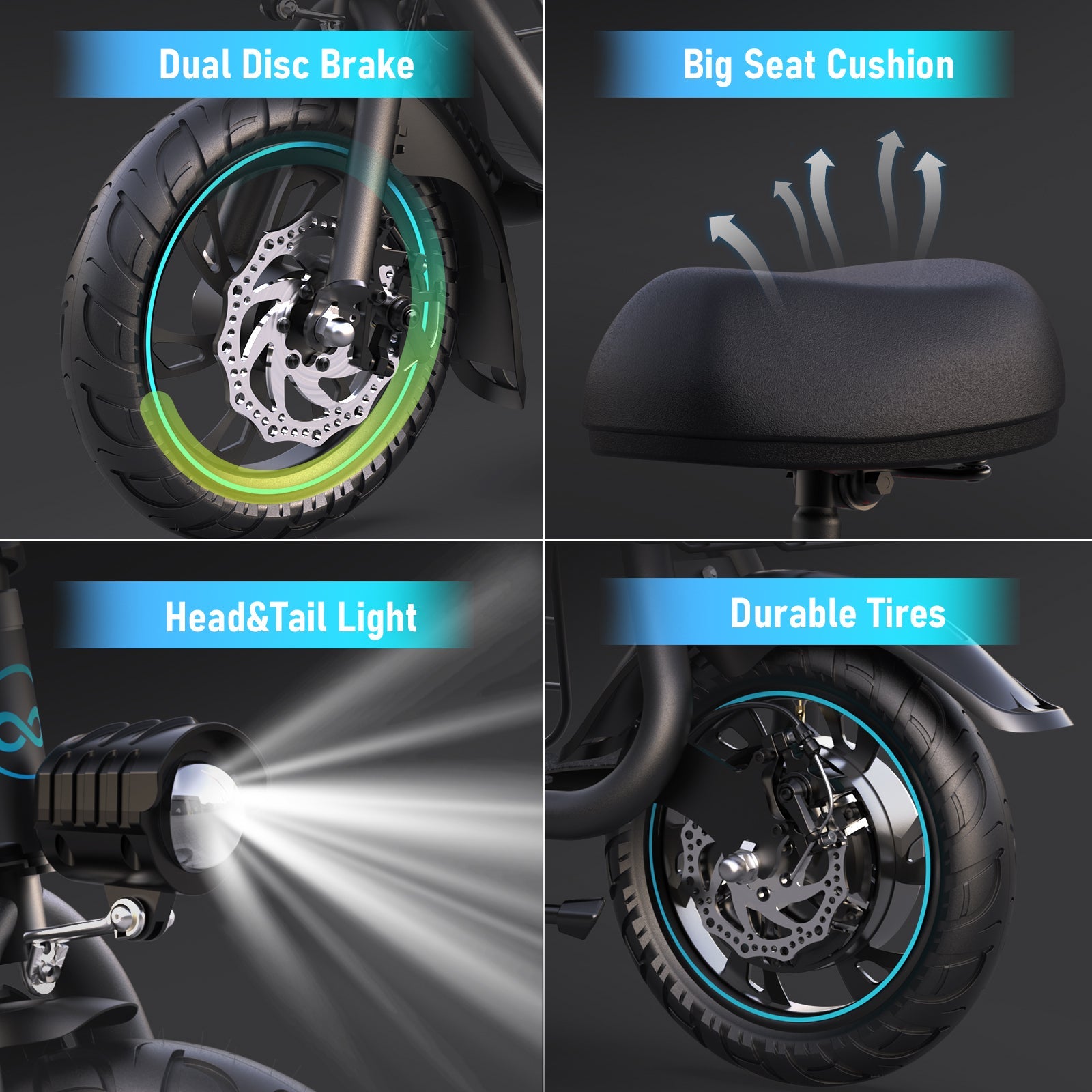 electric scooter dual disc brakes durable tires big seat cushion and front rear lights system