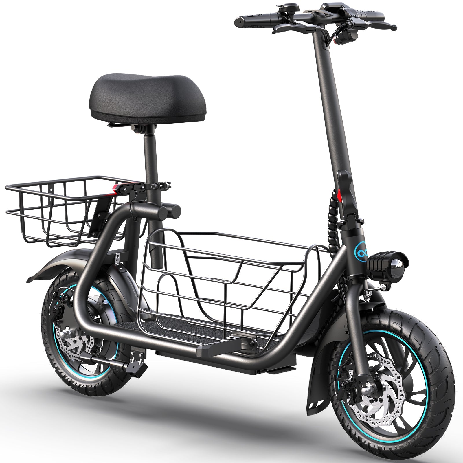 electric scooter with adjustable seat and large storage basket design