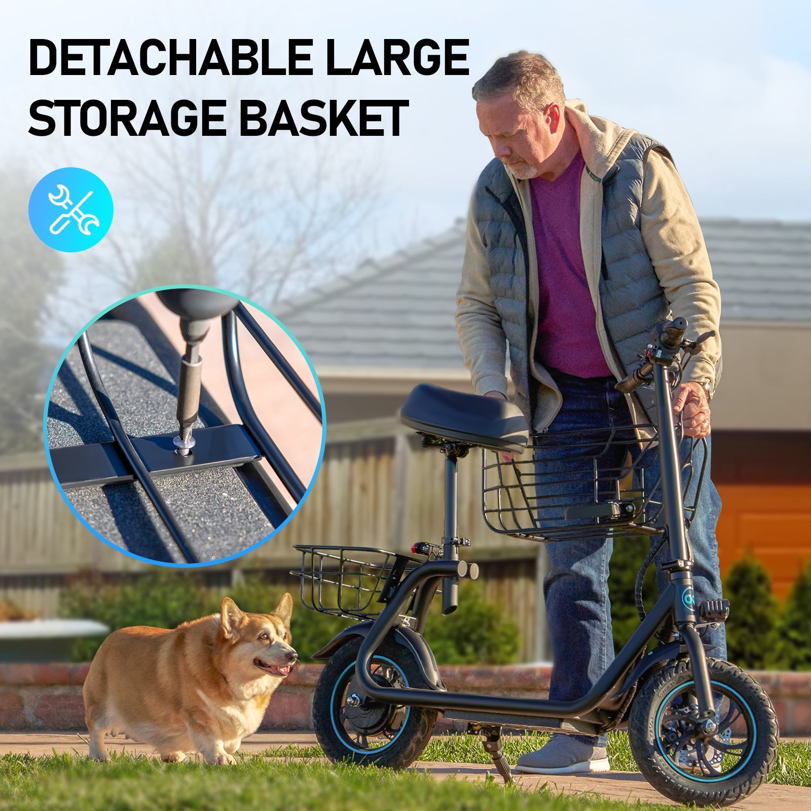 electric scooter with detachable large storage basket for pet and shopping use