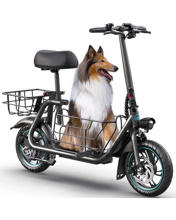 Seated electric scooter with a Detachable large center basket for transporting pets