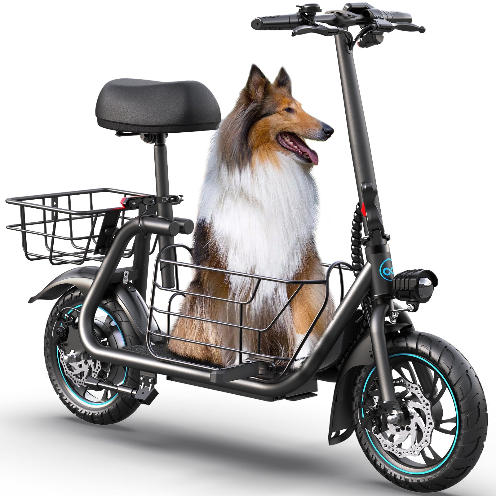 Seated electric scooter with a Detachable large center basket for transporting pets