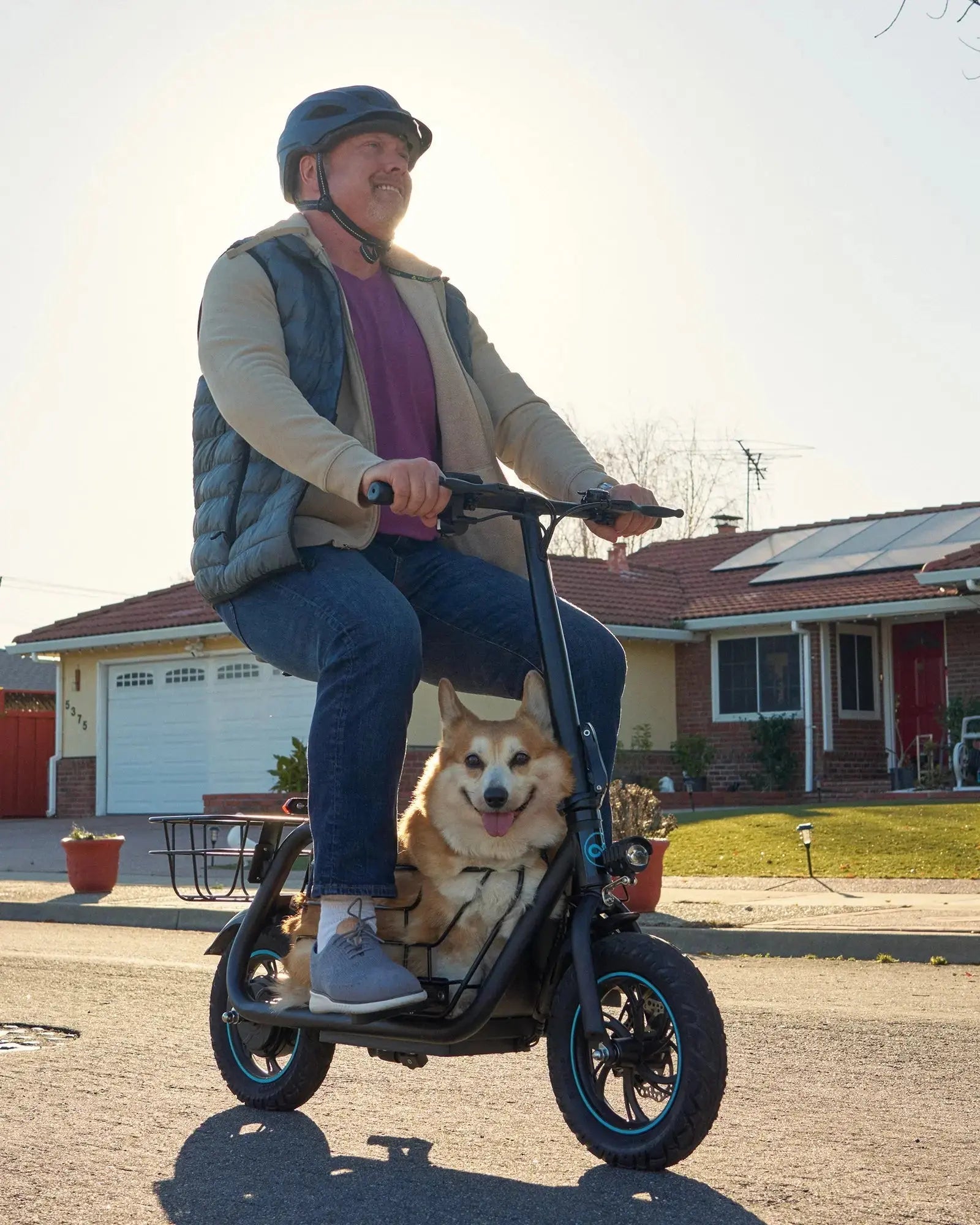 electric scooter used for walking dog in the street lifestyle scene
