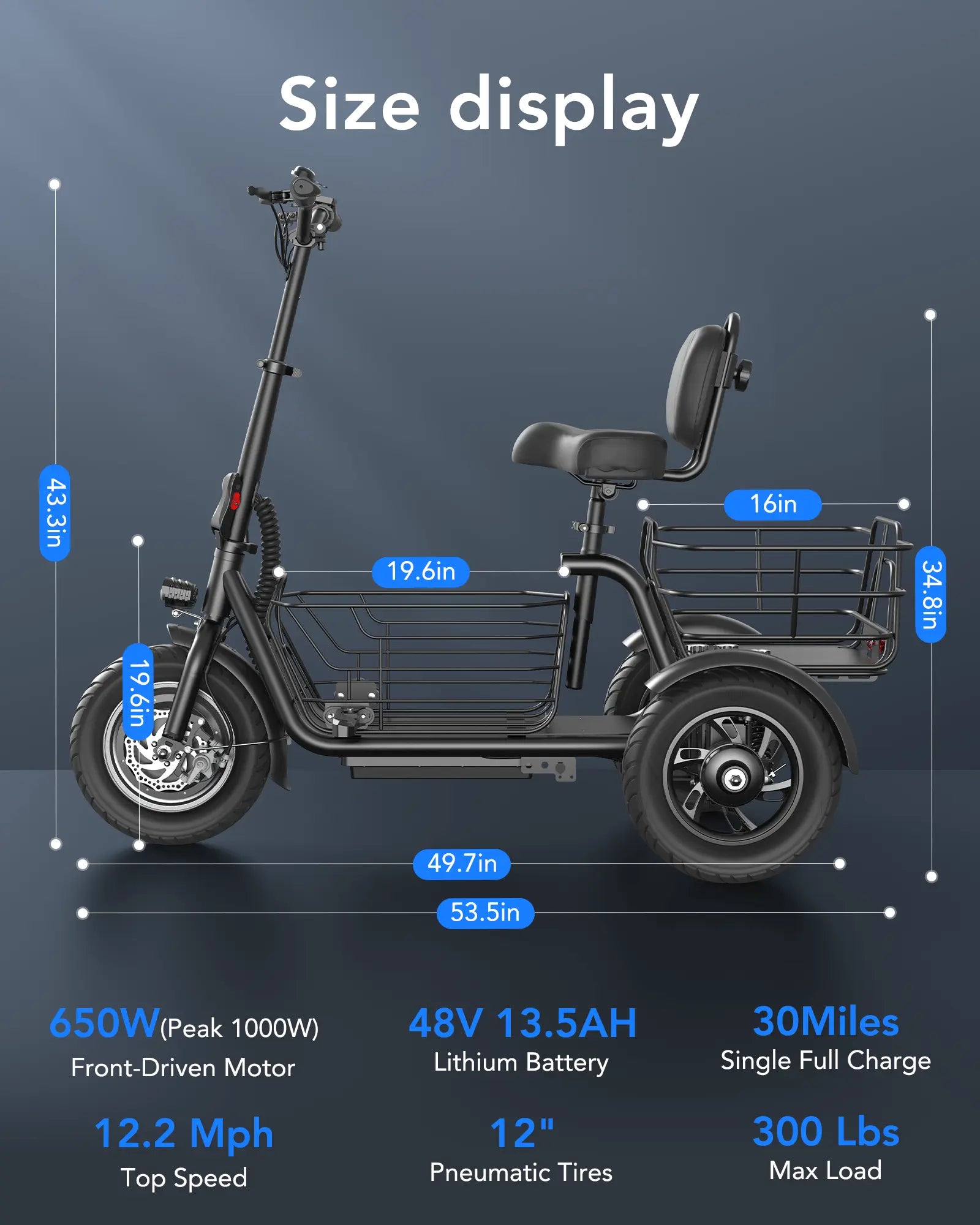 Gyroor C5 electric trike 300 lbs max load capacity infographic
