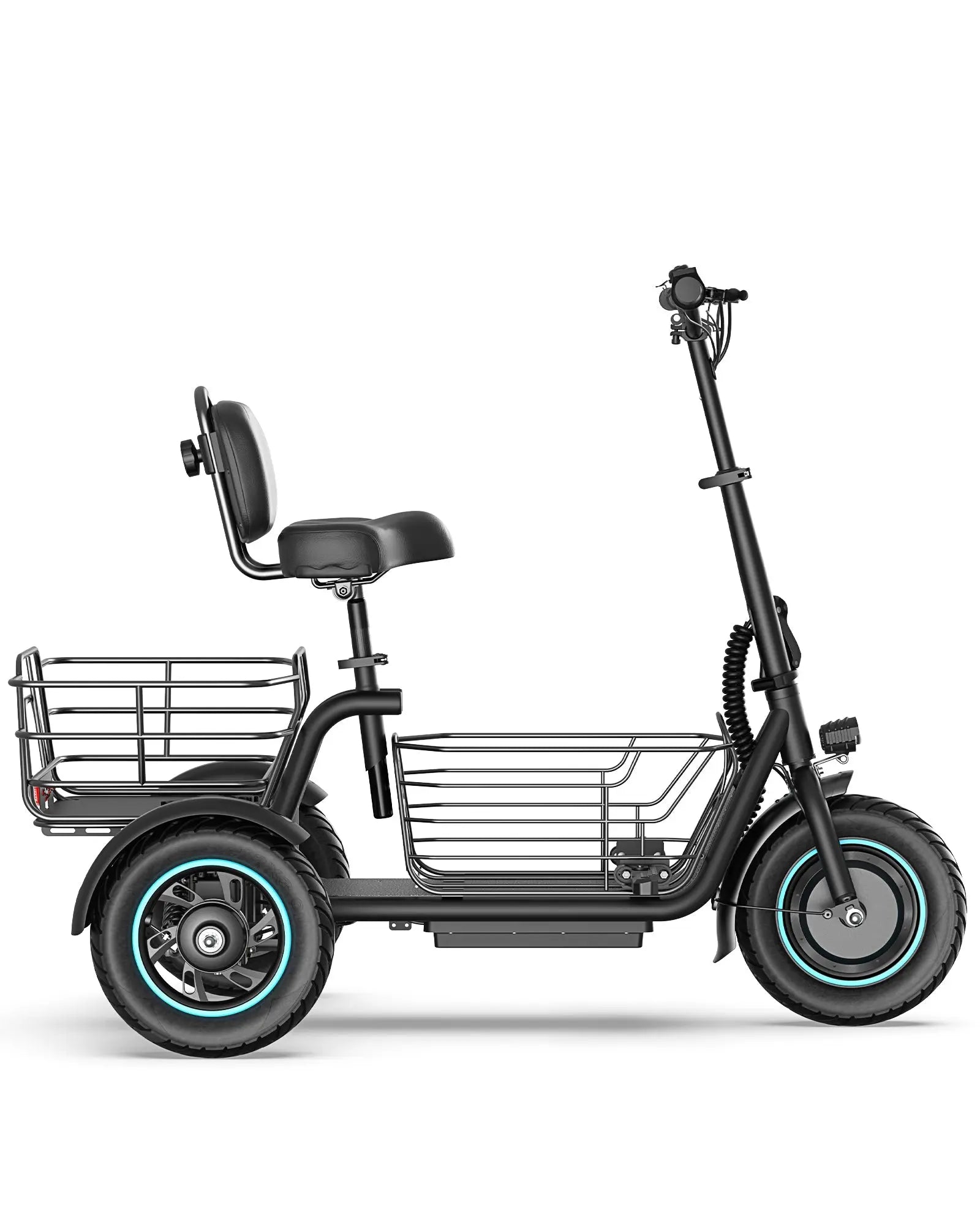 Gyroor C5 electric trike carrying a dog and groceries in removable dual baskets