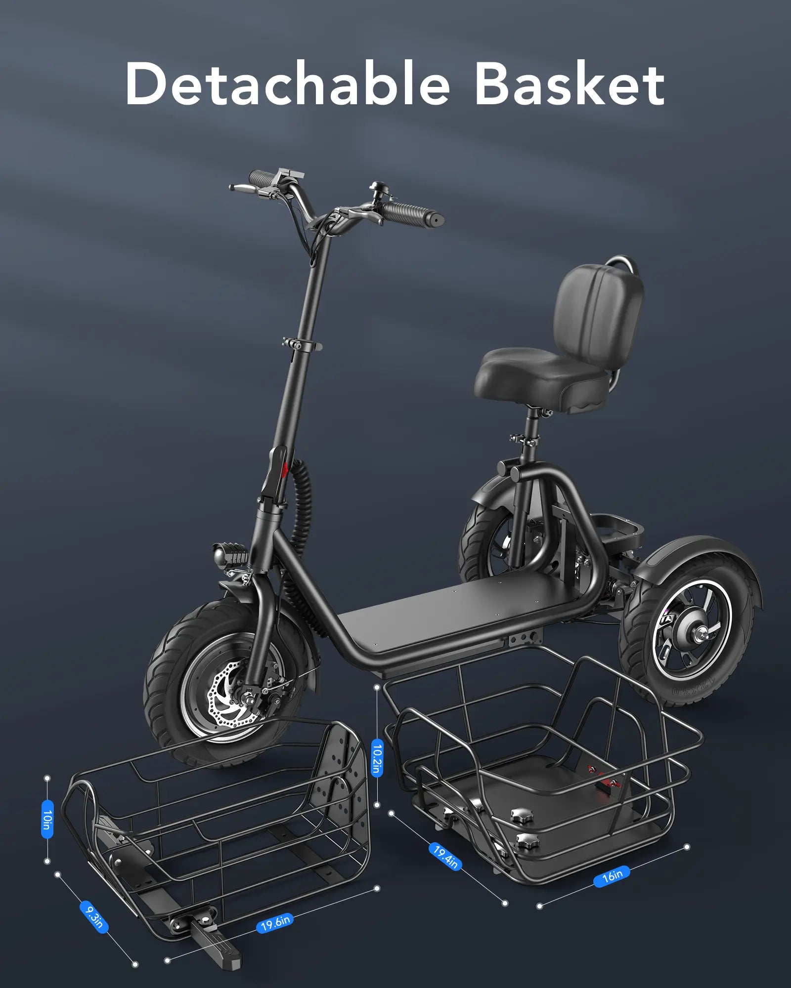 Gyroor C5 foldable electric trike infographic highlighting fold-down design