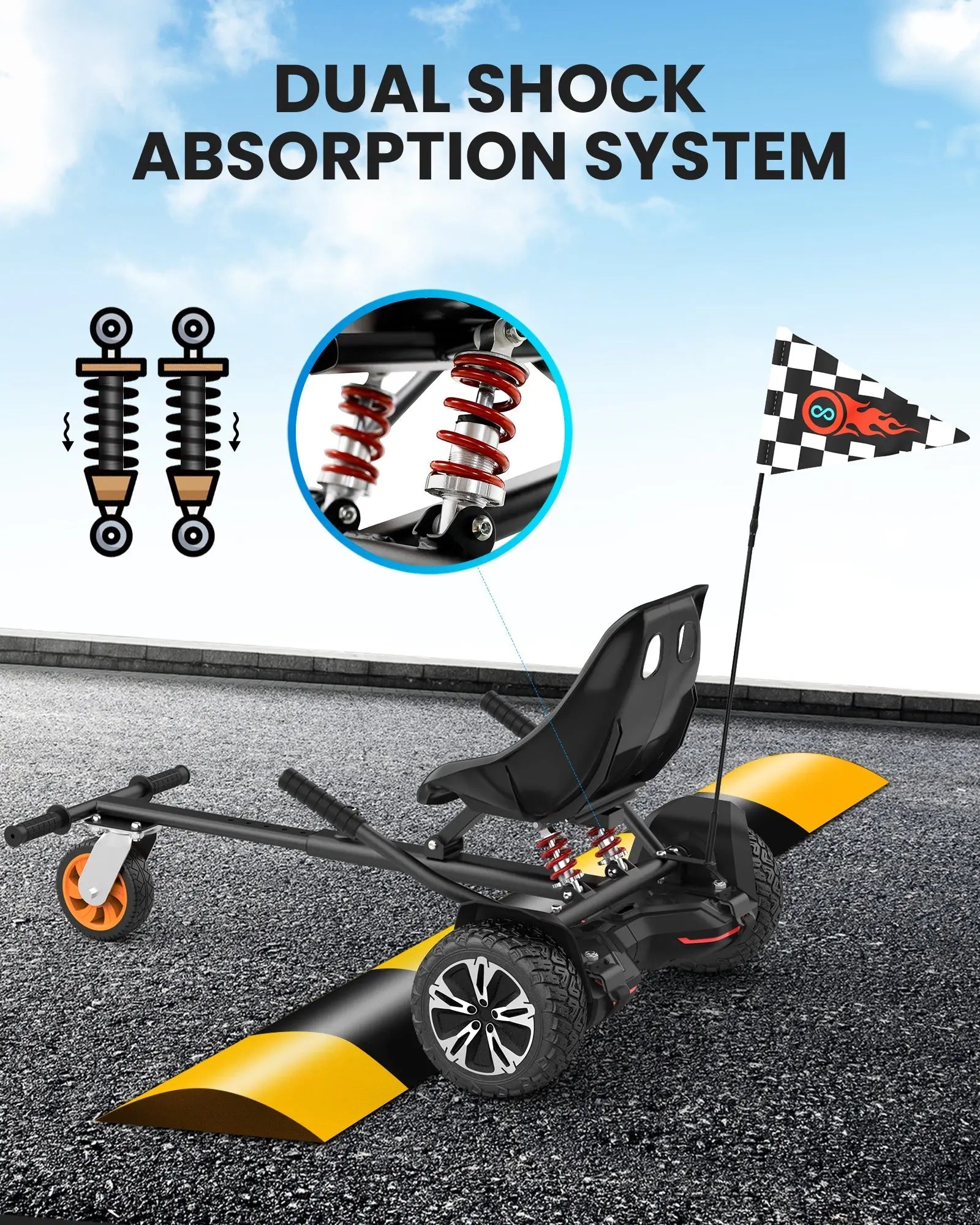 K2 hoverboard go-kart seat attachment with dual shock absorption system