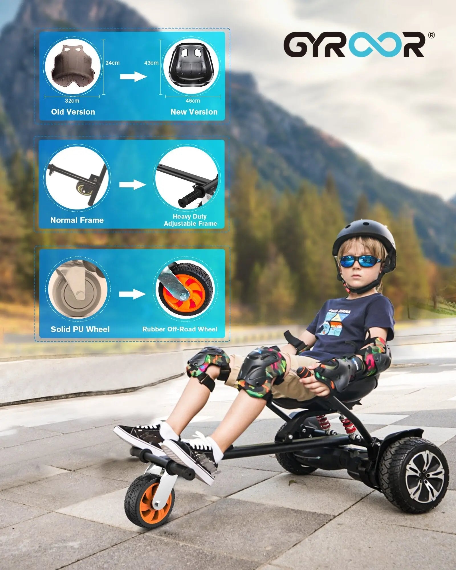 Gyroor K2 hoverboard go-kart featuring an upgraded adjustable frame and durable rubber off-road wheel