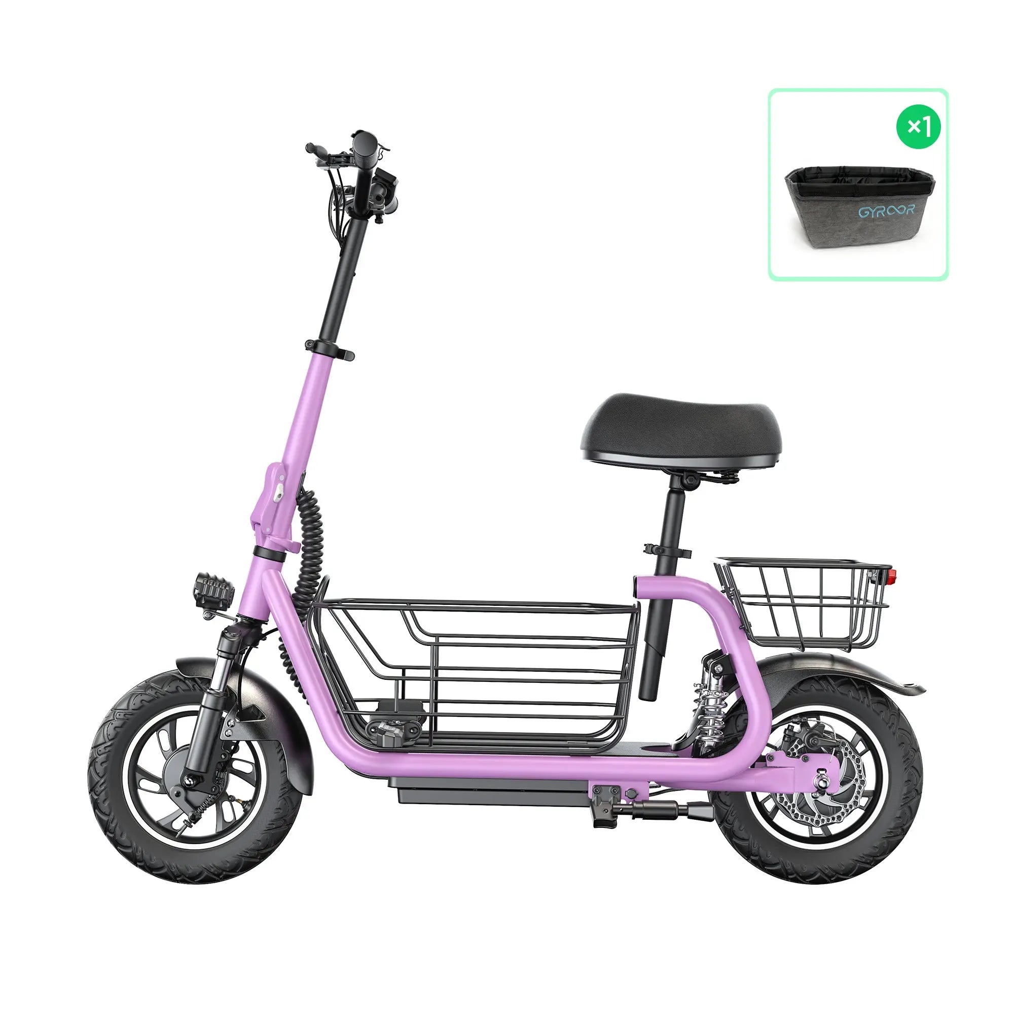 Electric scooter C1pro with black tires, pink frame, front suspension, and a black basket at the rear for carrying items, suitable for outdoor recreation