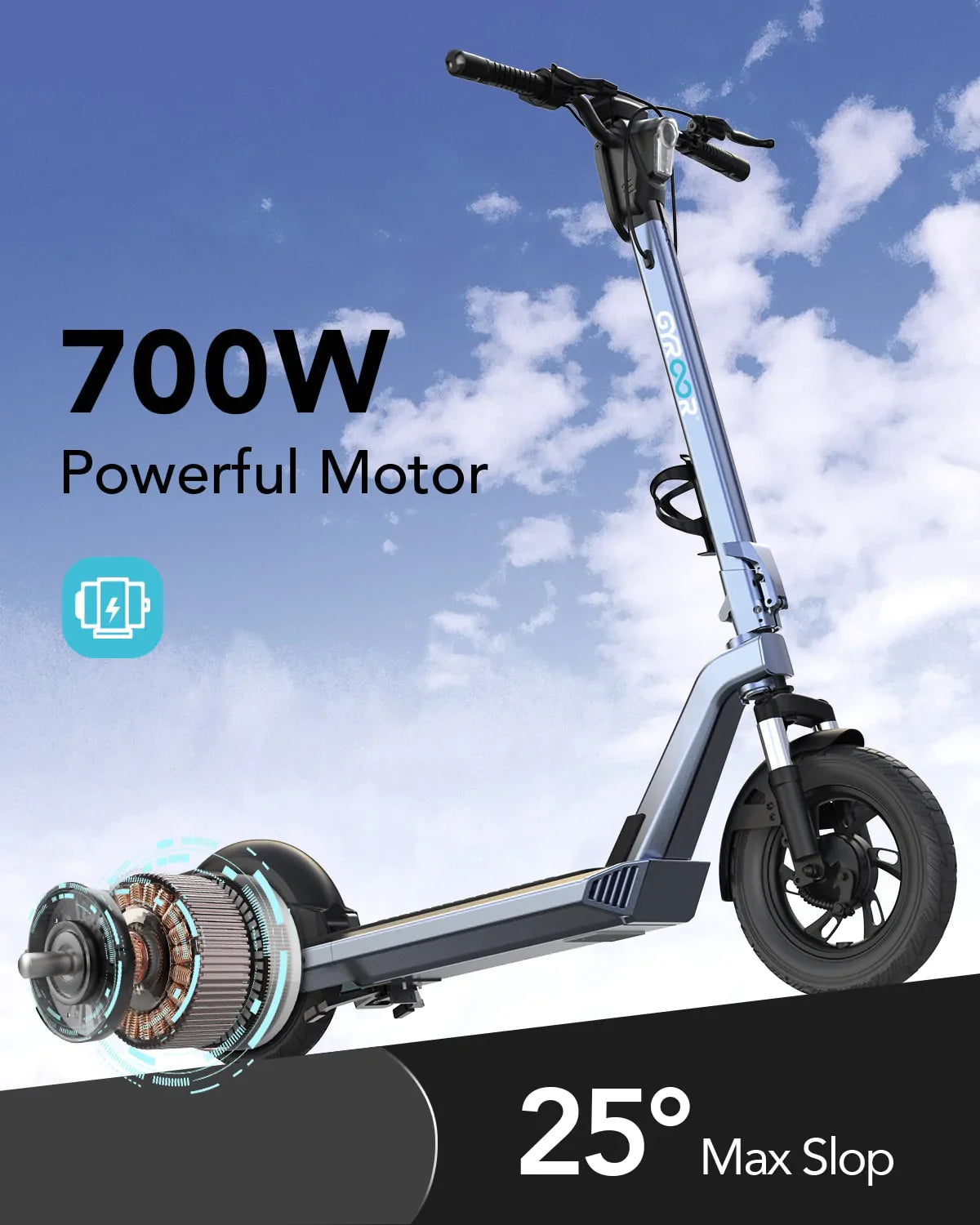 Gyroor X3 electric scooter with 700W motor and 25° hill climbing capability