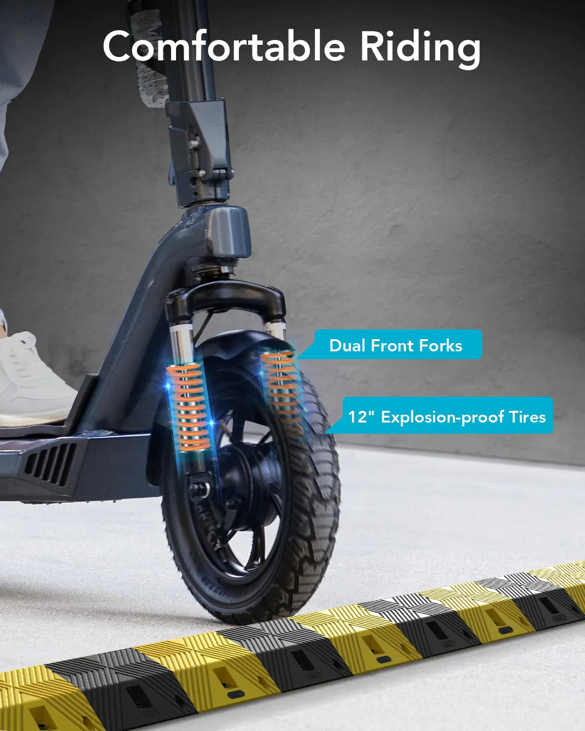 Gyroor X3 electric scooter with dual front forks and 12-inch explosion-proof tires for a comfortable ride