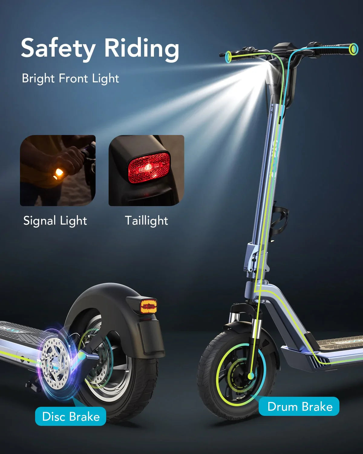 Gyroor X3 foldable electric scooter with bright LED headlights, front drum brake, rear disc brake