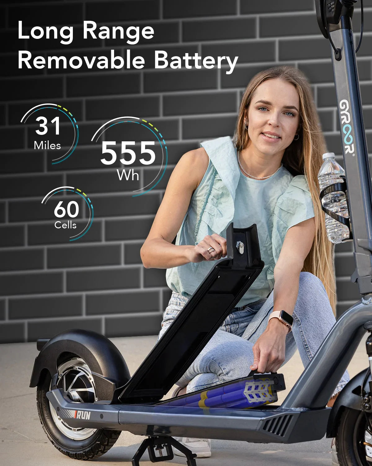 Gyroor X3 foldable electric scooter with a removable 555Wh battery and up to 31 miles of range