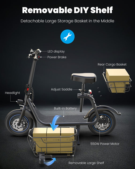 GYROOR C1S 550W Electric Scooter with Big Seat for Adult with Removeable Front And Back Basket