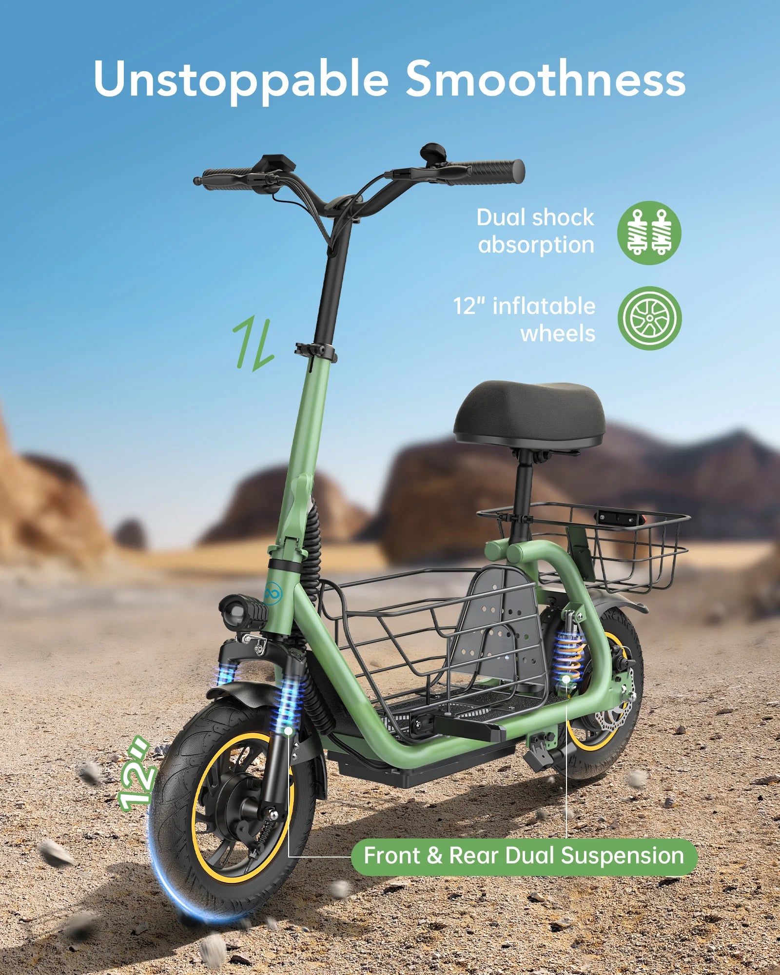 electric scooter dual shock absorption 12 inch inflatable tires front and rear suspension