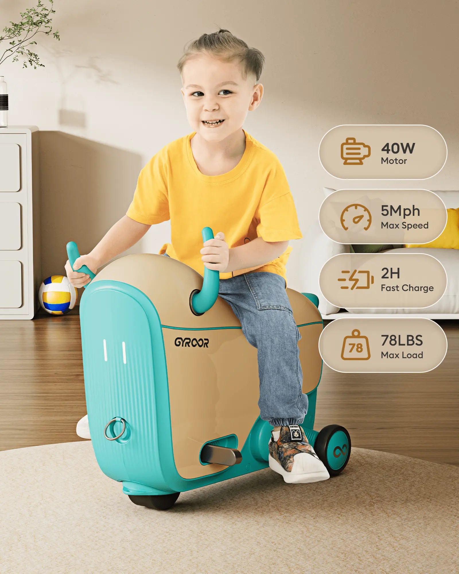 Gyroor GNU kids electric ride-on suitcase 40W motor 2H fast charge 78 lbs max load 
